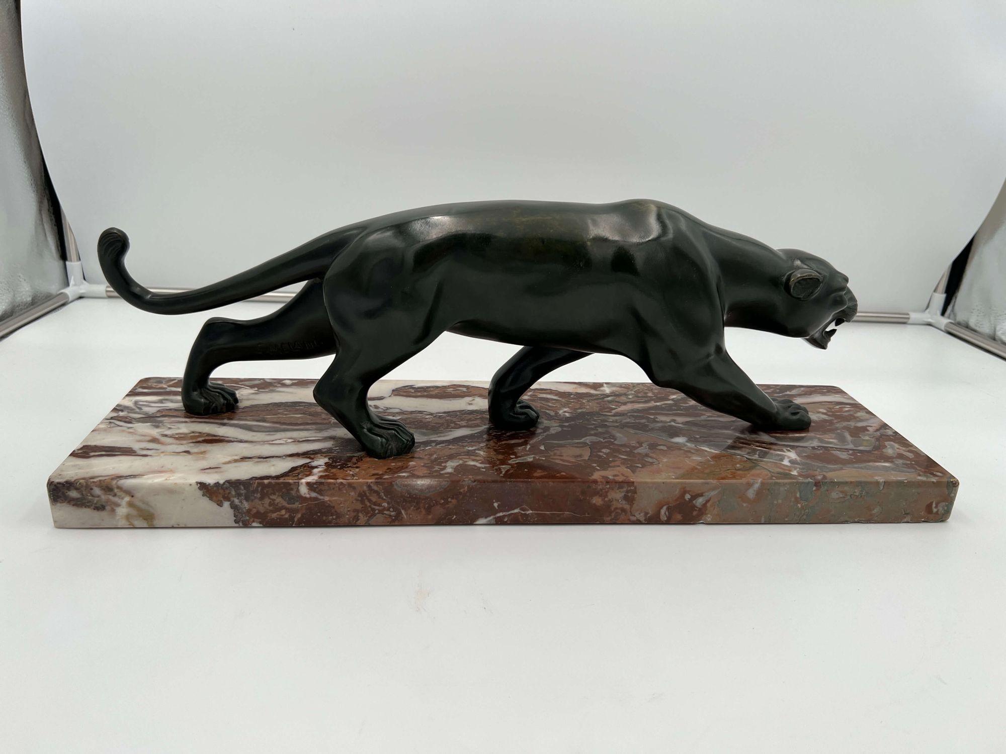 Art Deco Panther Sculpture by S. Melani, Bronze, Marble, France circa 1930 7