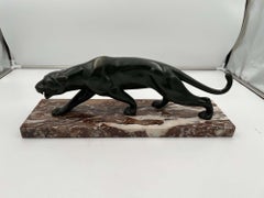 Sculpture de panthère Art Déco par S. Melani, bronze, marbre, France, vers 1930