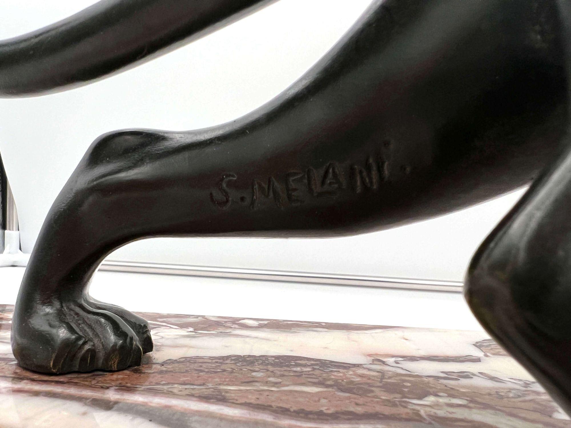 French Art Deco Panther Sculpture by S. Melani, Bronze, Marble, France circa 1930