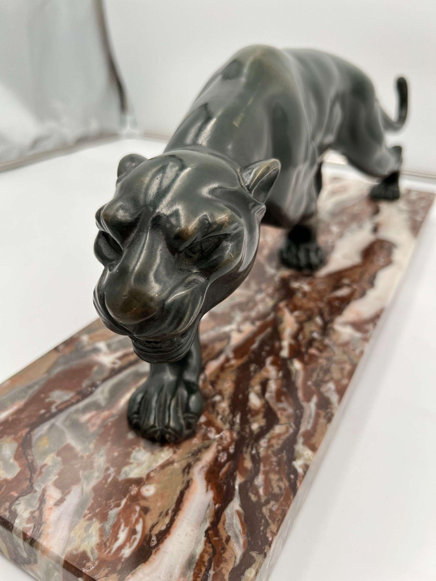 Art Deco Panther Sculpture by S. Melani, Bronze, Marble, France circa 1930 1