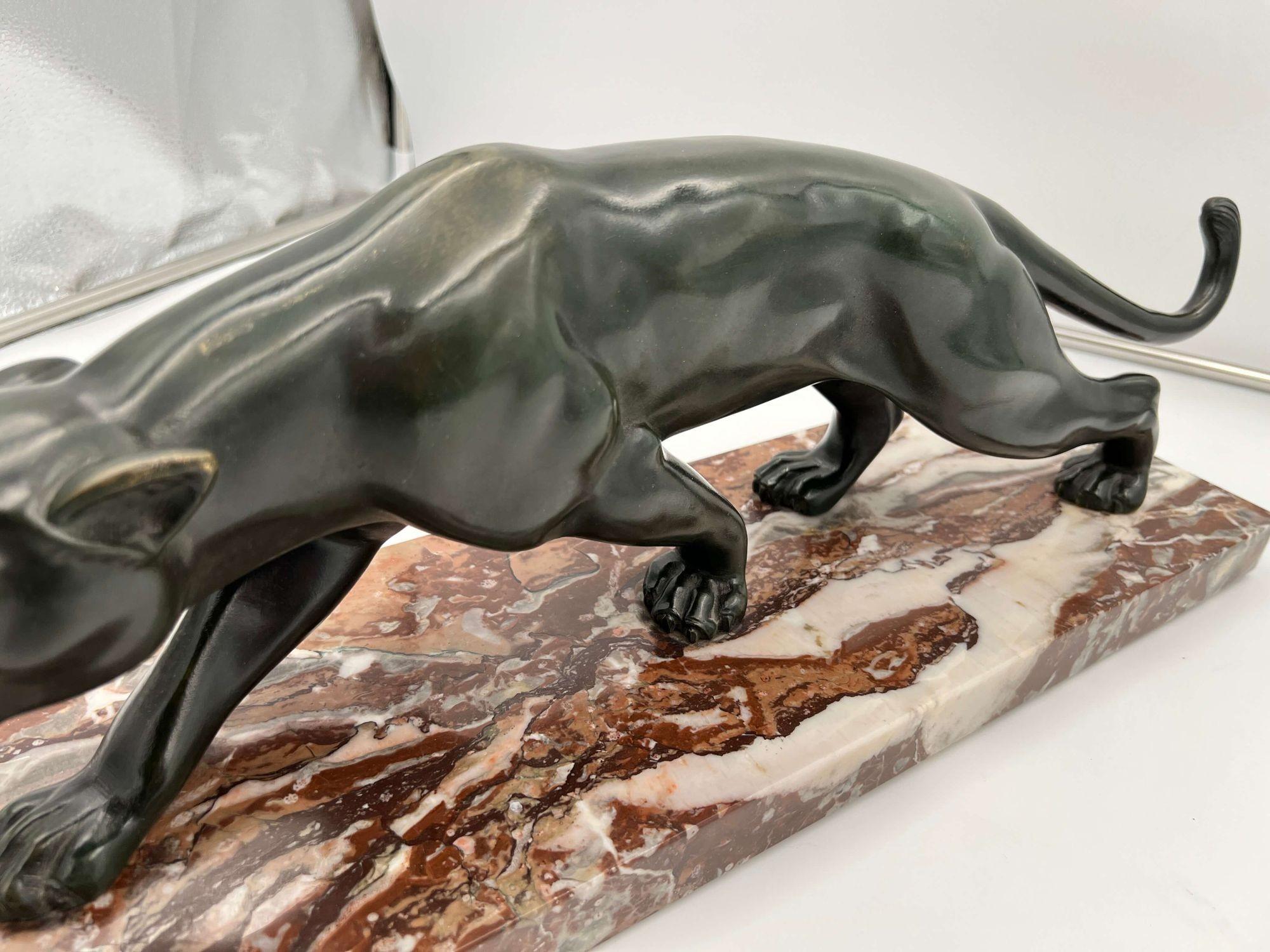 Art Deco Panther Sculpture by S. Melani, Bronze, Marble, France circa 1930 4