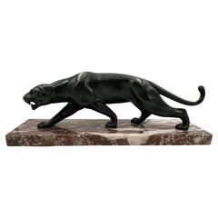 Art Deco Panther Sculpture by S. Melani, Bronze, Marble, France circa 1930