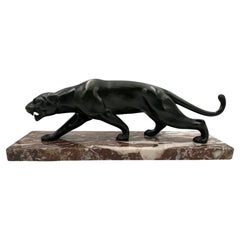 Panther-Skulptur im Art déco-Stil von S. Melani, Bronze, Marmor, Frankreich, um 1930