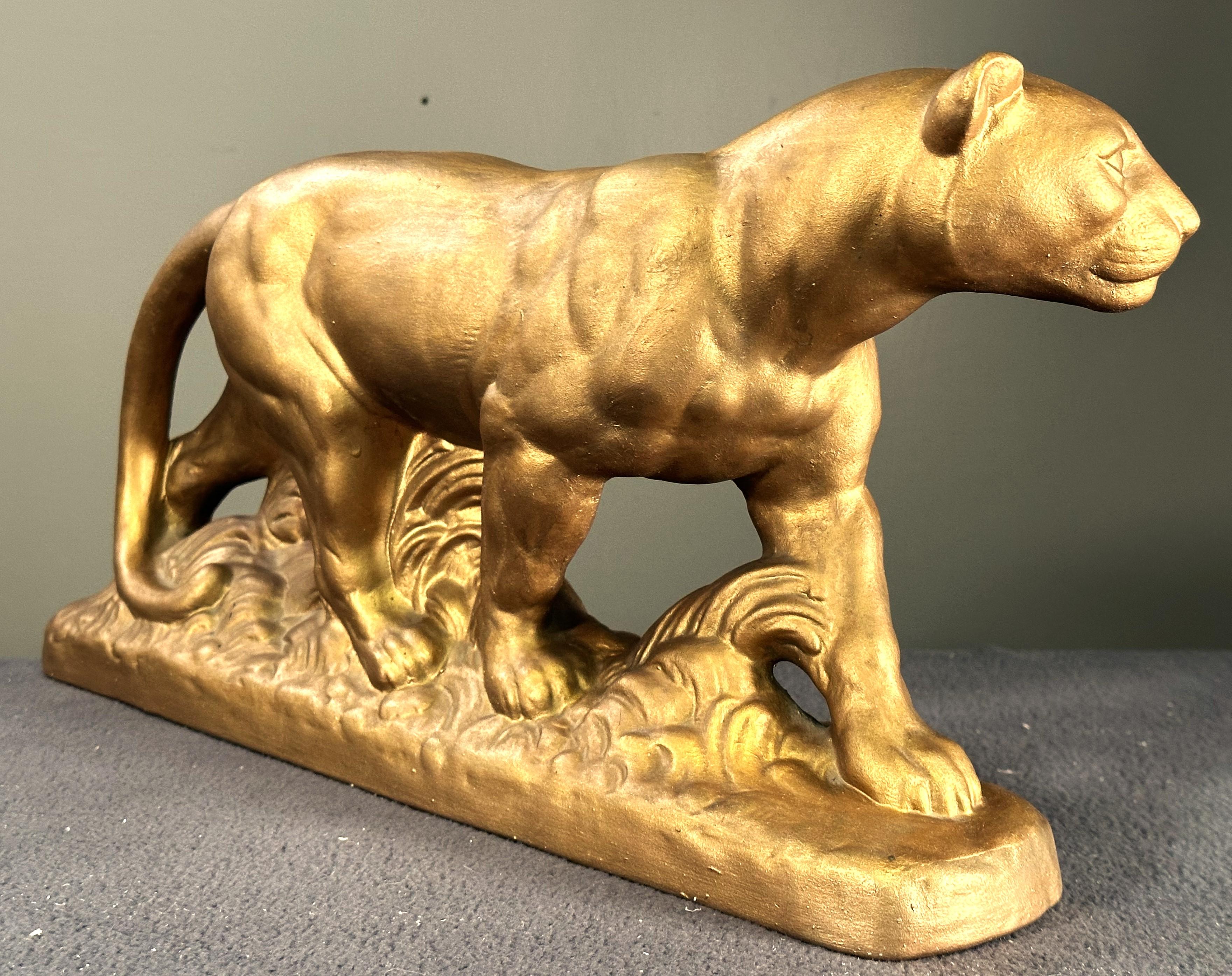 Mid-20th Century Art Deco panther Sculpture, gold, France 1935 For Sale