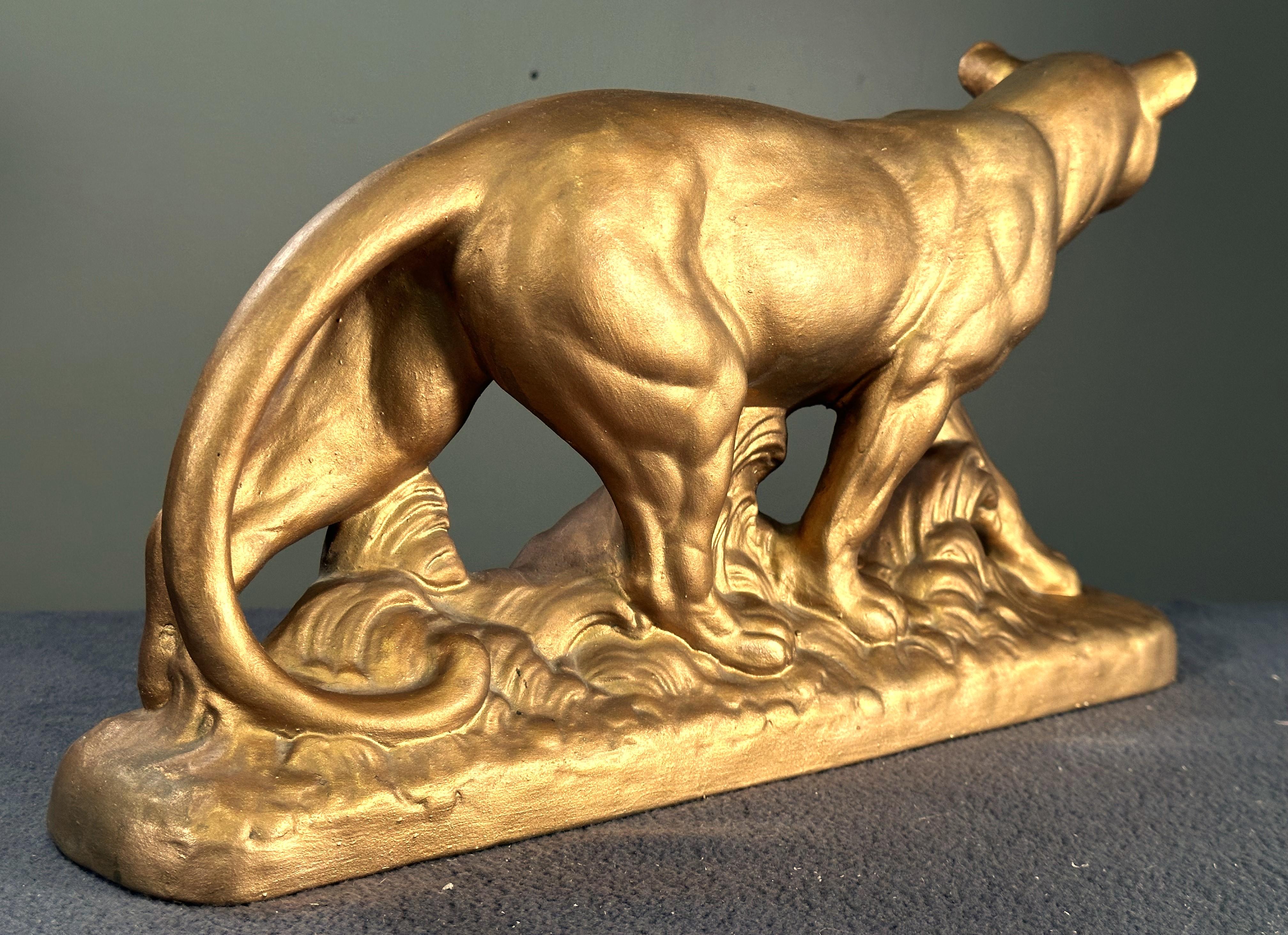 Ceramic Art Deco panther Sculpture, gold, France 1935 For Sale