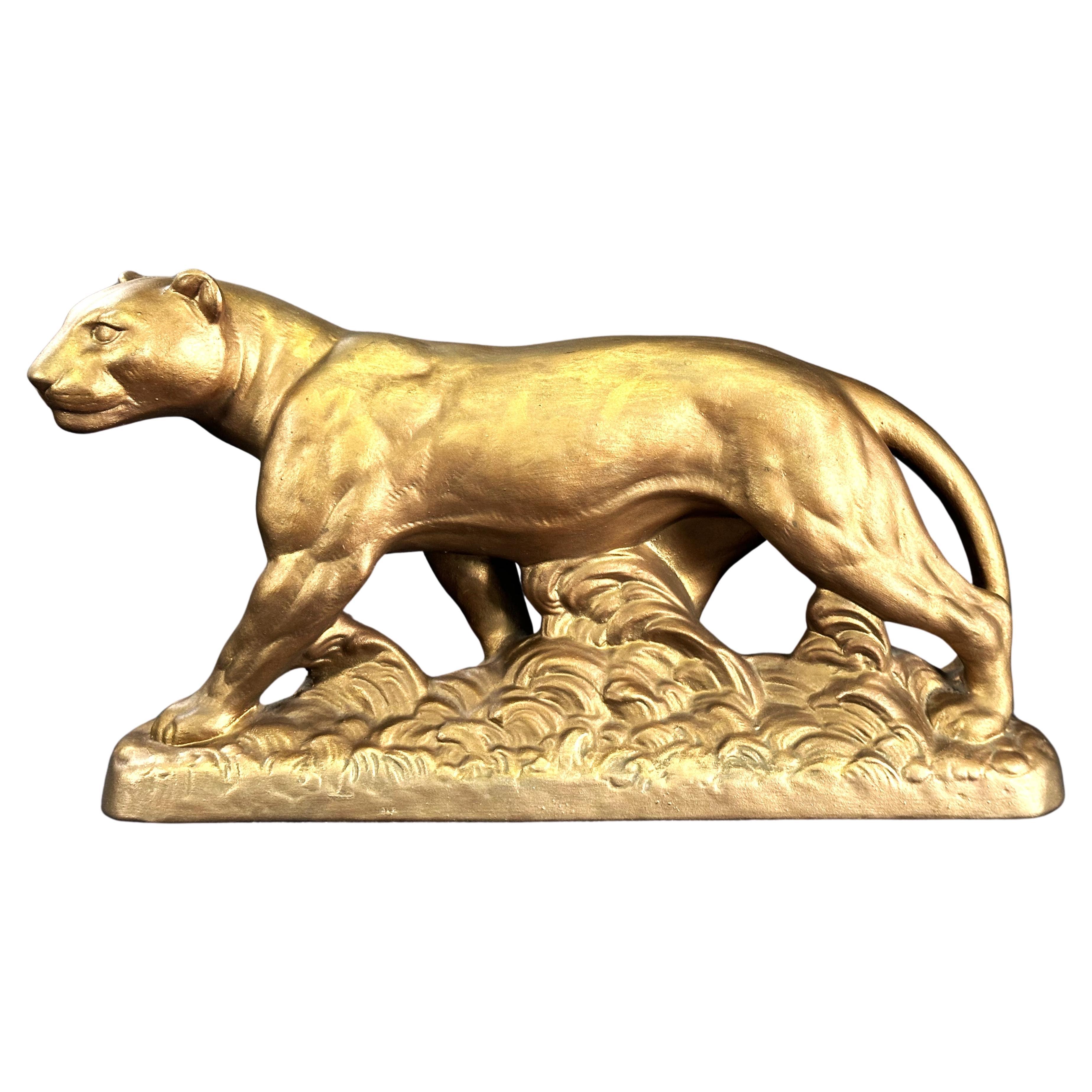 Art Deco panther Sculpture, gold, France 1935 For Sale