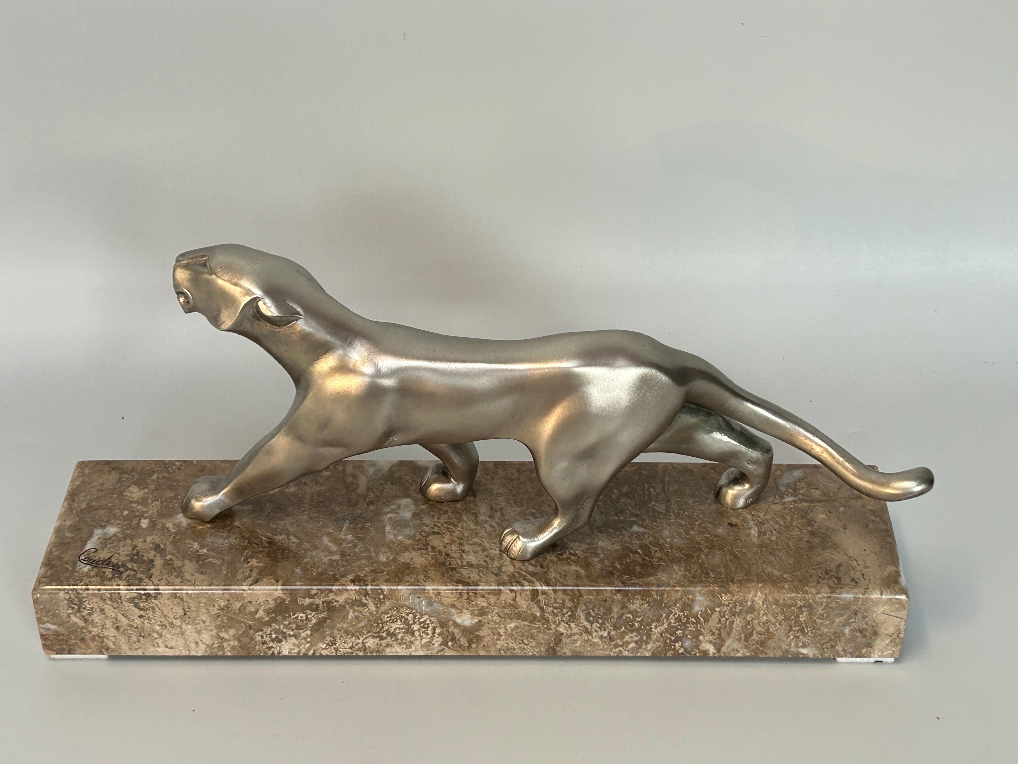 Sculpture de panthère Art déco en bronze argenté de Michel Decoux Excellent état à NANTES, FR