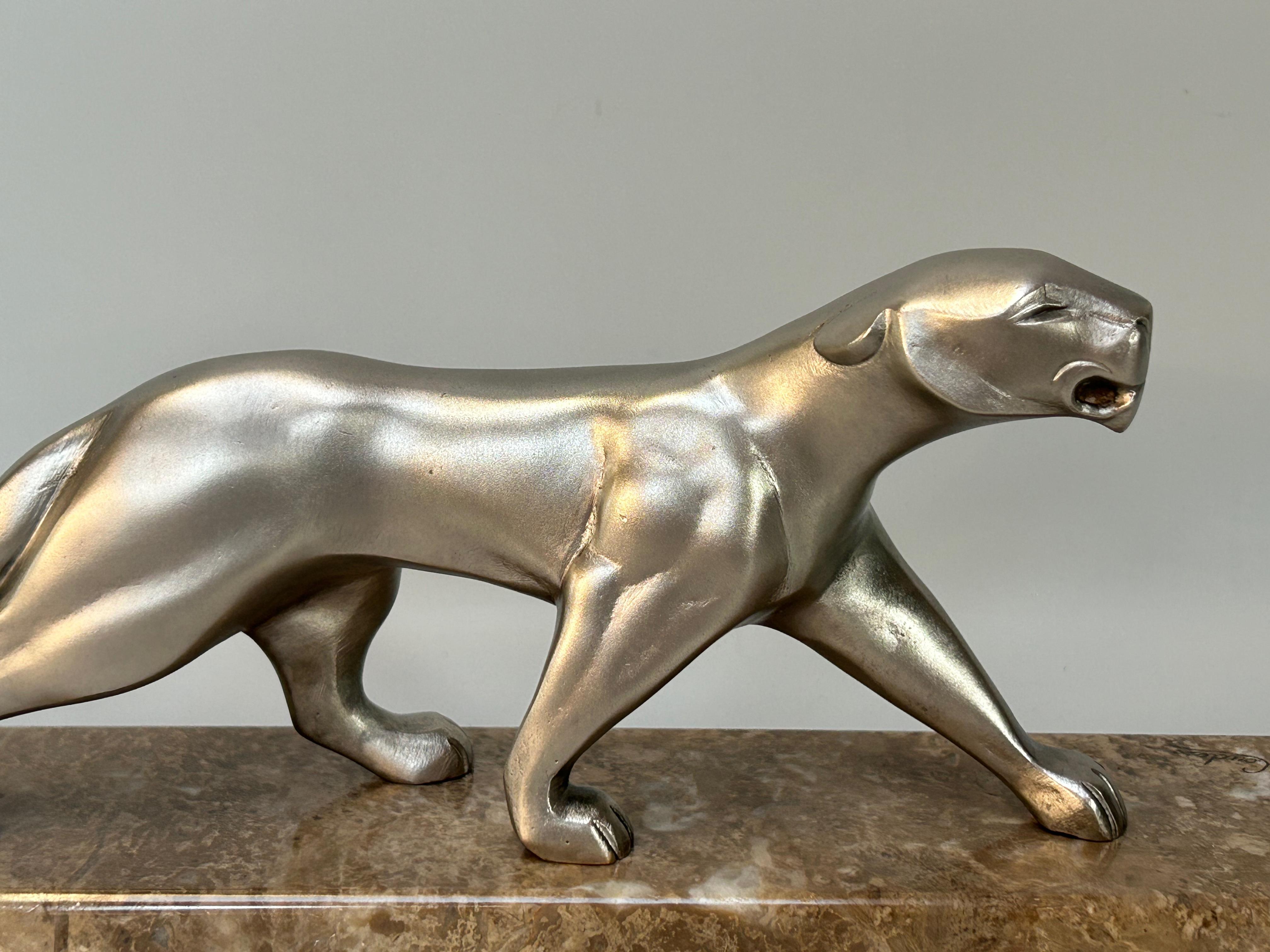 Sculpture de panthère Art déco en bronze argenté de Michel Decoux 1
