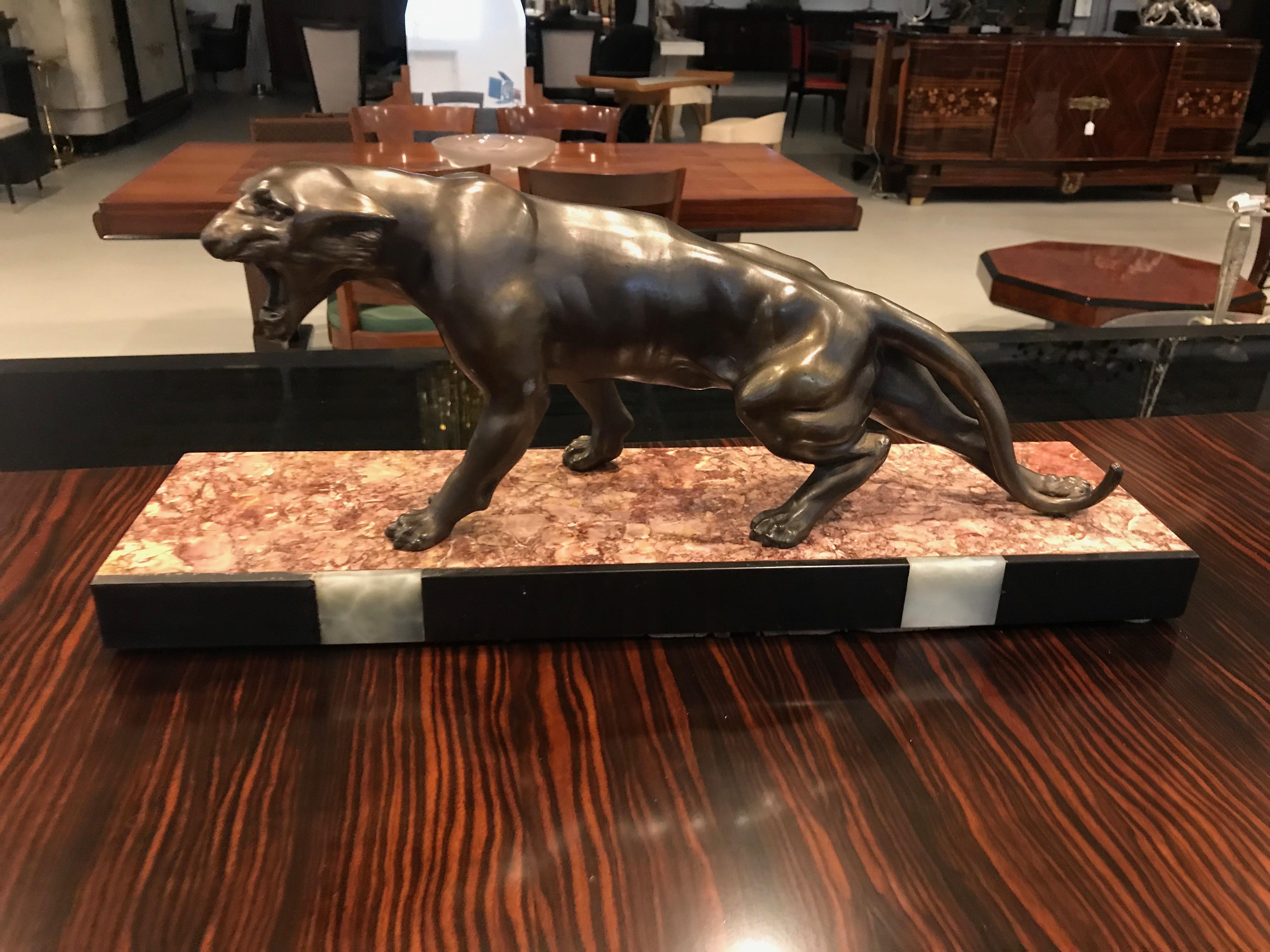 Art Deco Panther Sculpture on Marble Base For Sale 5