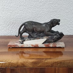 Art Deco Panther Sculpture on Marble Base, France 1930s