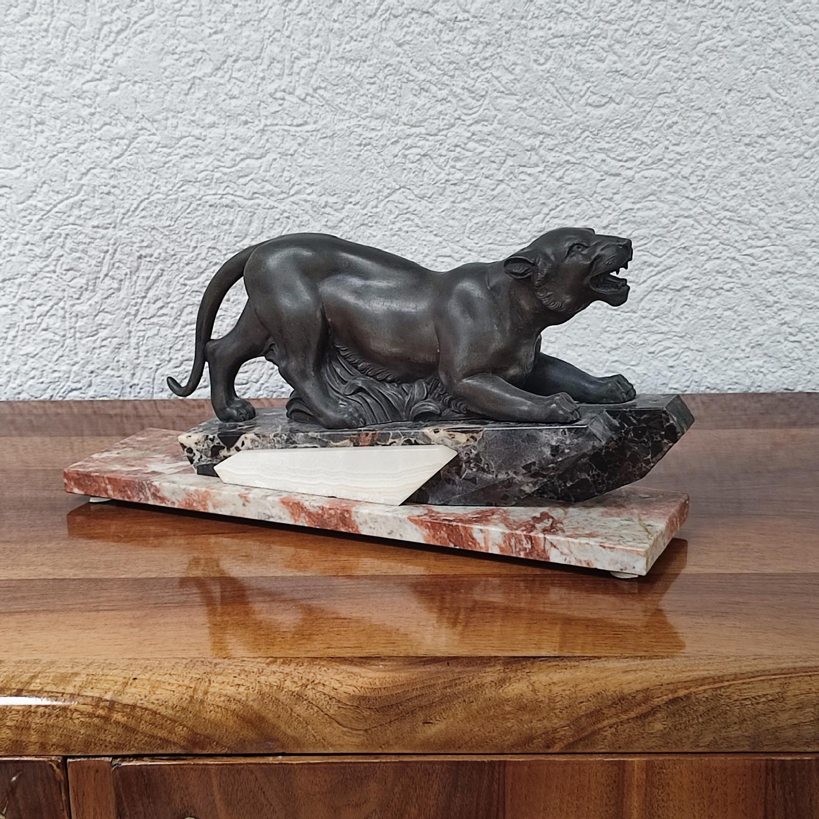 French Art Deco Panther Sculpture on Marble Base, France 1930s For Sale