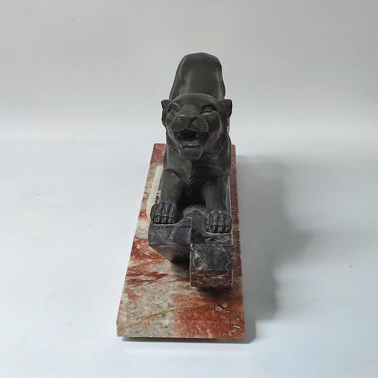 Mid-20th Century Art Deco Panther Sculpture on Marble Base, France 1930s For Sale