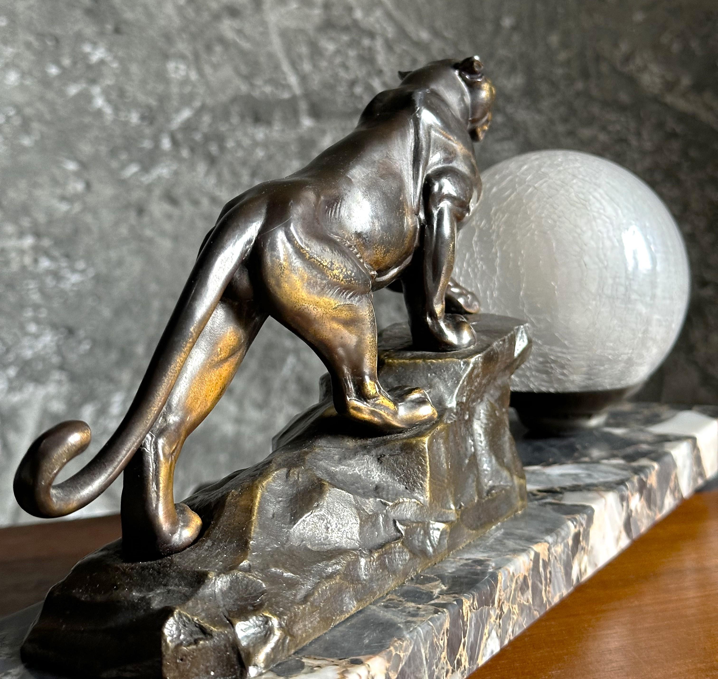 Art Deco Panther Sculpture on Marble Table Desk Lamp, France 1935 For Sale 7