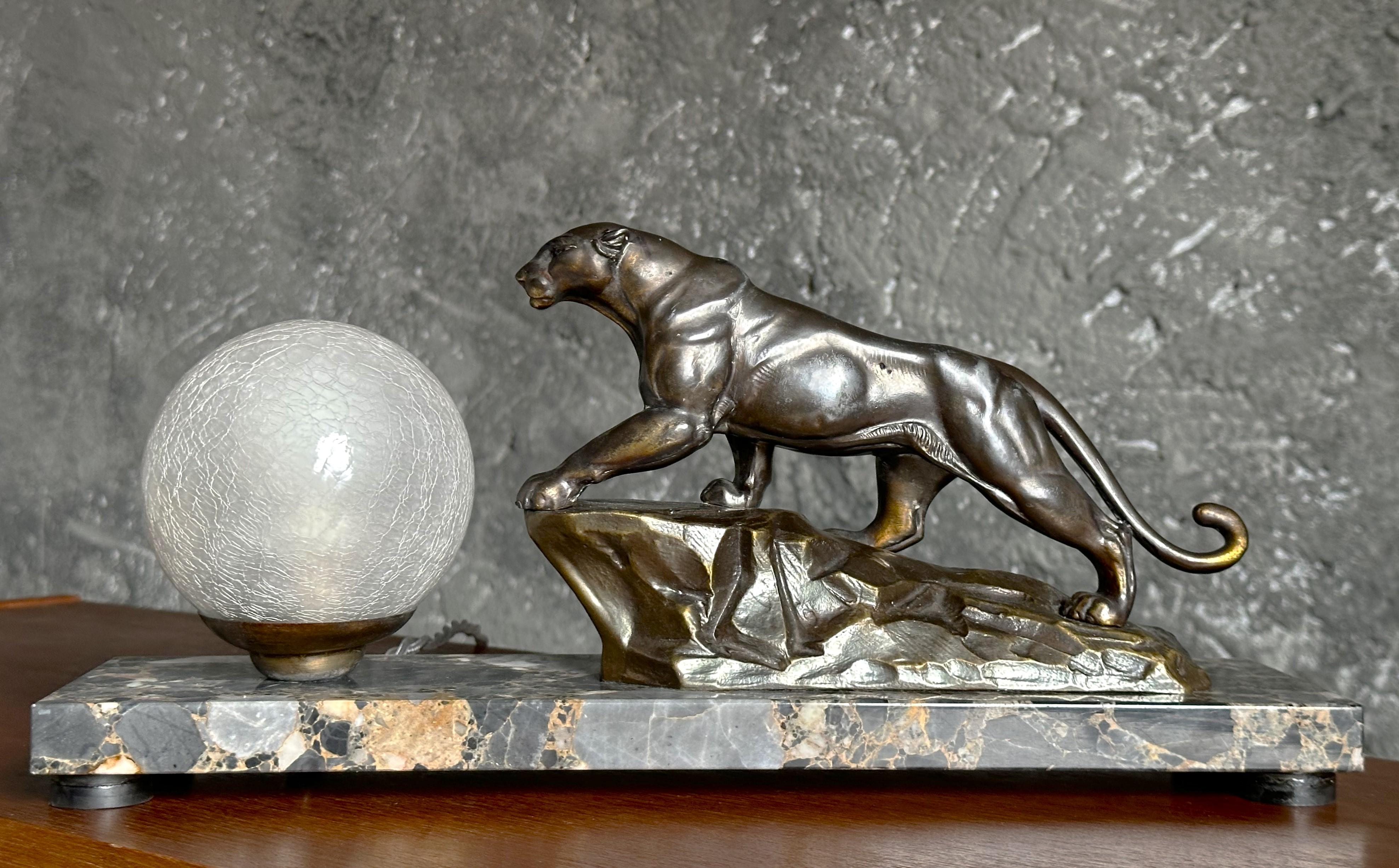 Art Deco Panther Sculpture on Marble Table Desk Lamp, France 1935 For Sale 12