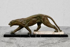 Art Deco Panther Sculpture on Stepped Marble Base, France 1930s