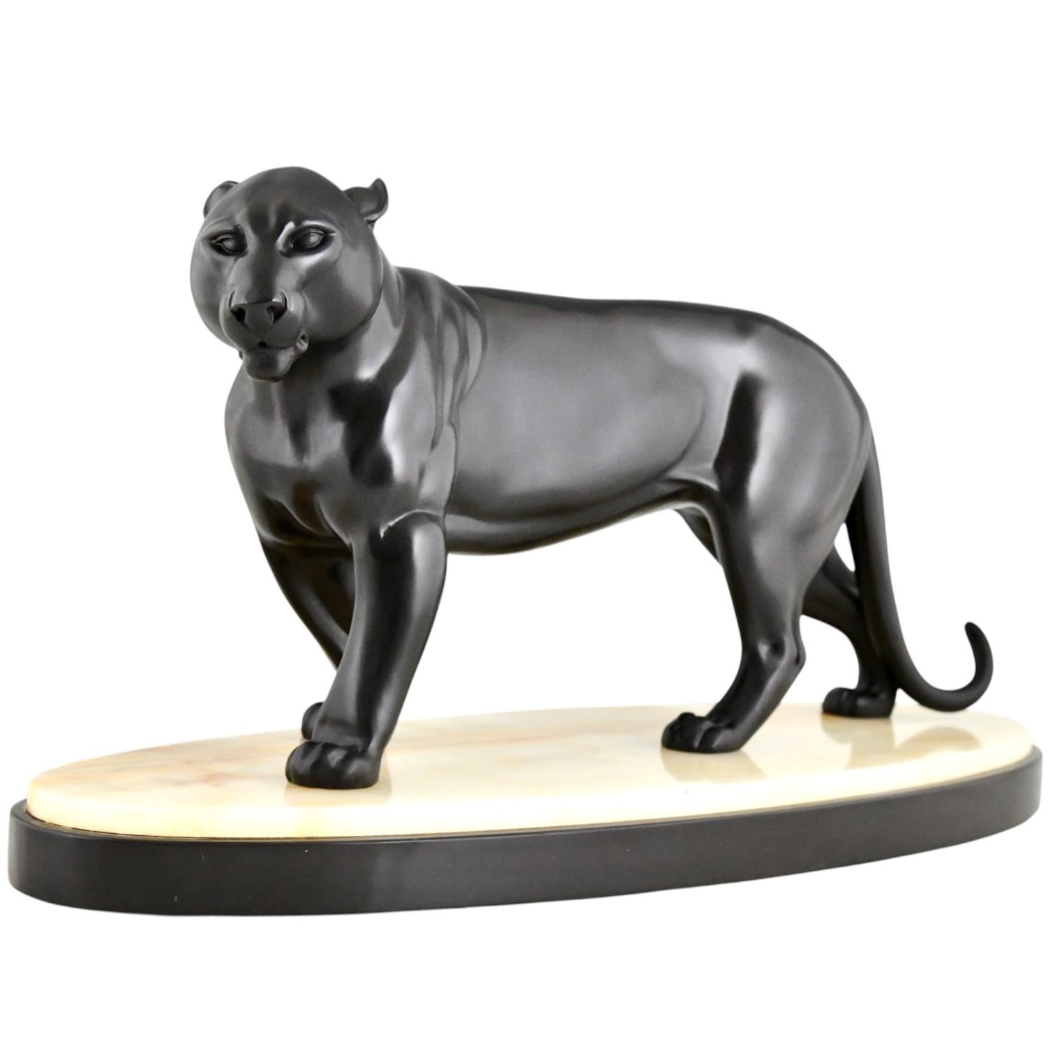 Art Deco Panther Skulptur Signiert von Irenee Rochard Frankreich 1930 (Art déco) im Angebot