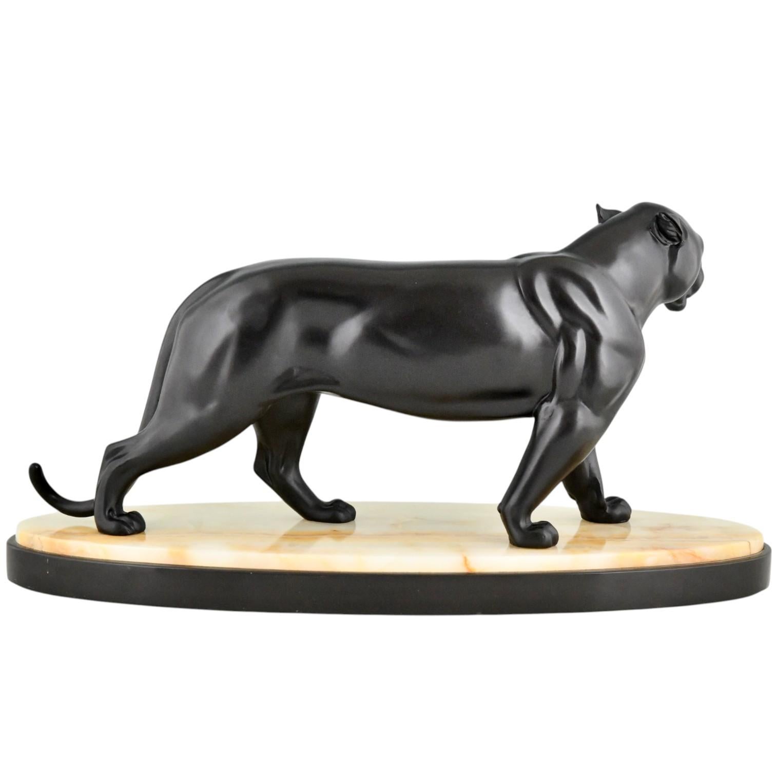 Art Deco Panther Skulptur Signiert von Irenee Rochard Frankreich 1930 (Patiniert) im Angebot