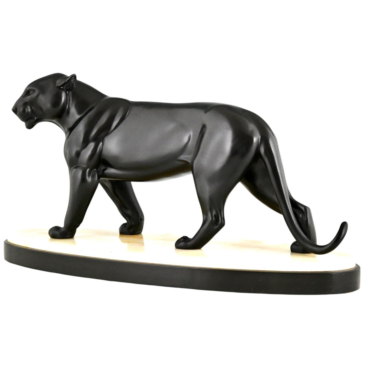 Art Deco Panther Skulptur Signiert von Irenee Rochard Frankreich 1930 (Metall) im Angebot