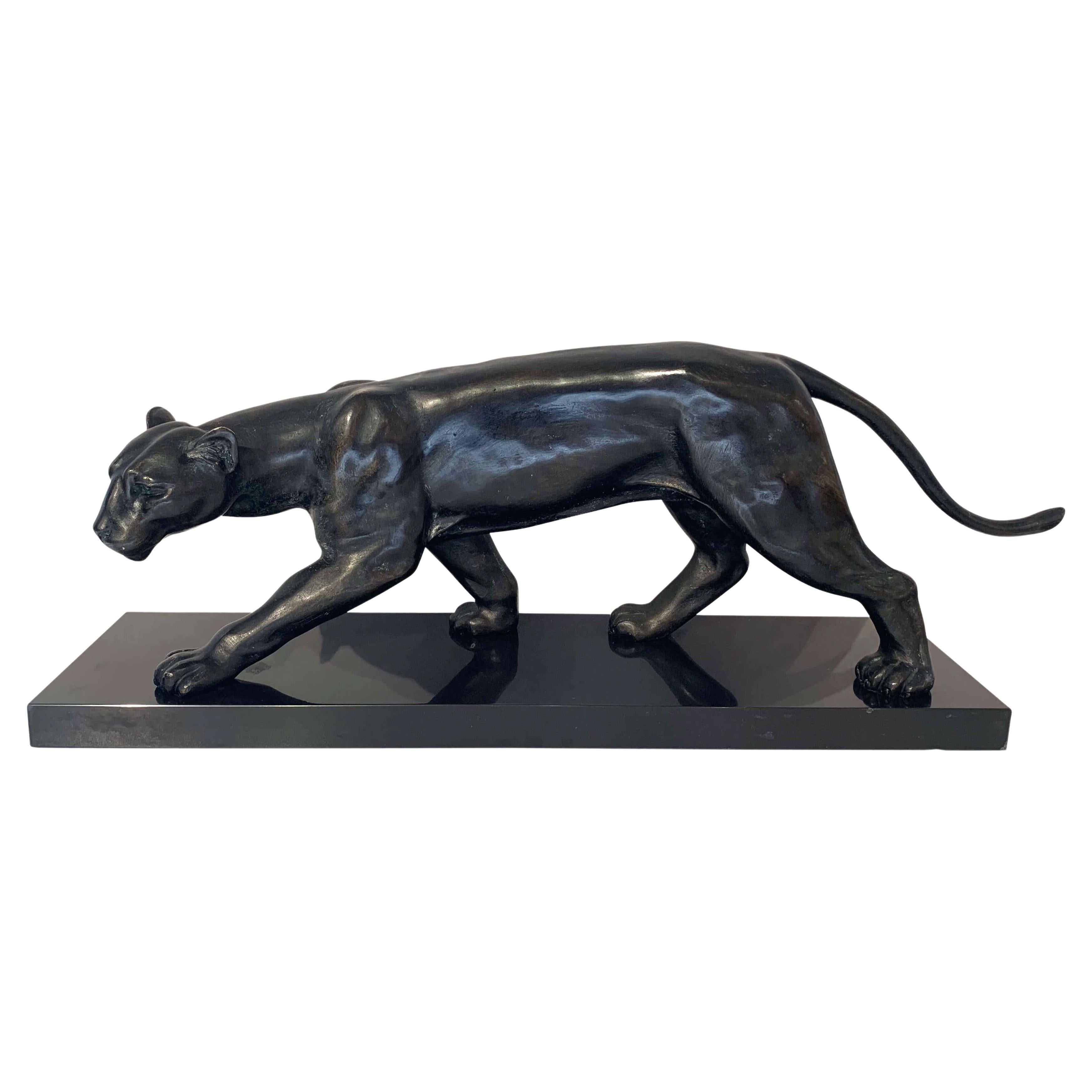 Sculpture de panthère Art déco, signée Jean Martel, bronze, marbre, France ca. 1930
