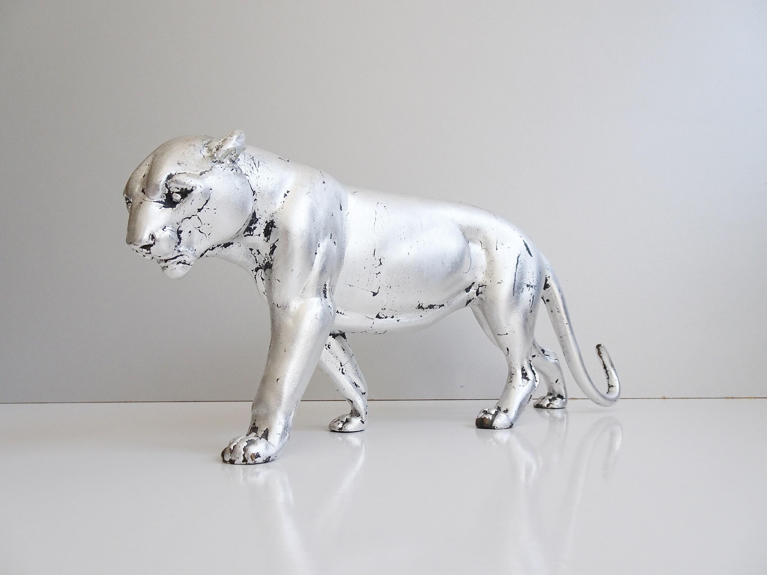 French Art Deco Panther Sculpture Silver Leaf, France, 1935
