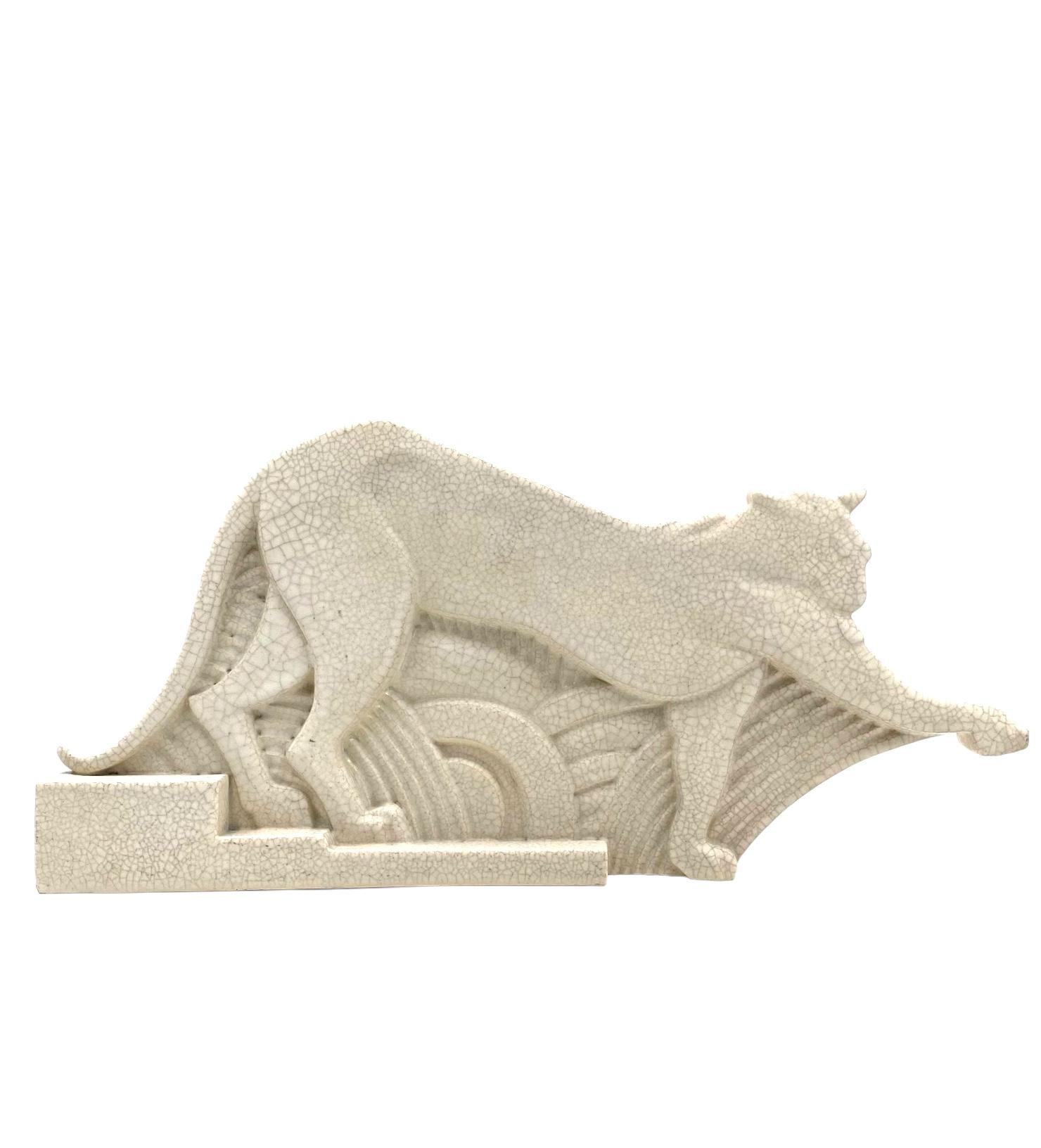 Ceramic Art Deco Panthère sculpture craquelé, Primavera Paris, France ca. 1930