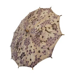 Parasol Art déco, tissu avec impression florale mauve et marron et Wood