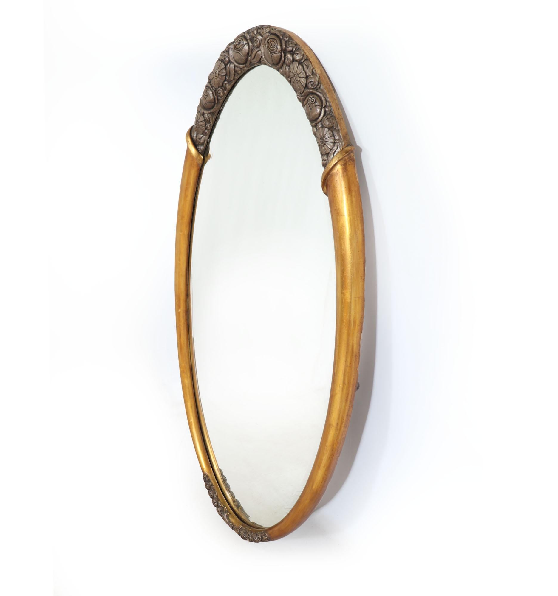 French Art Deco Parcel Gilt Oval Mirror By Sue et Mare 1925 For Sale