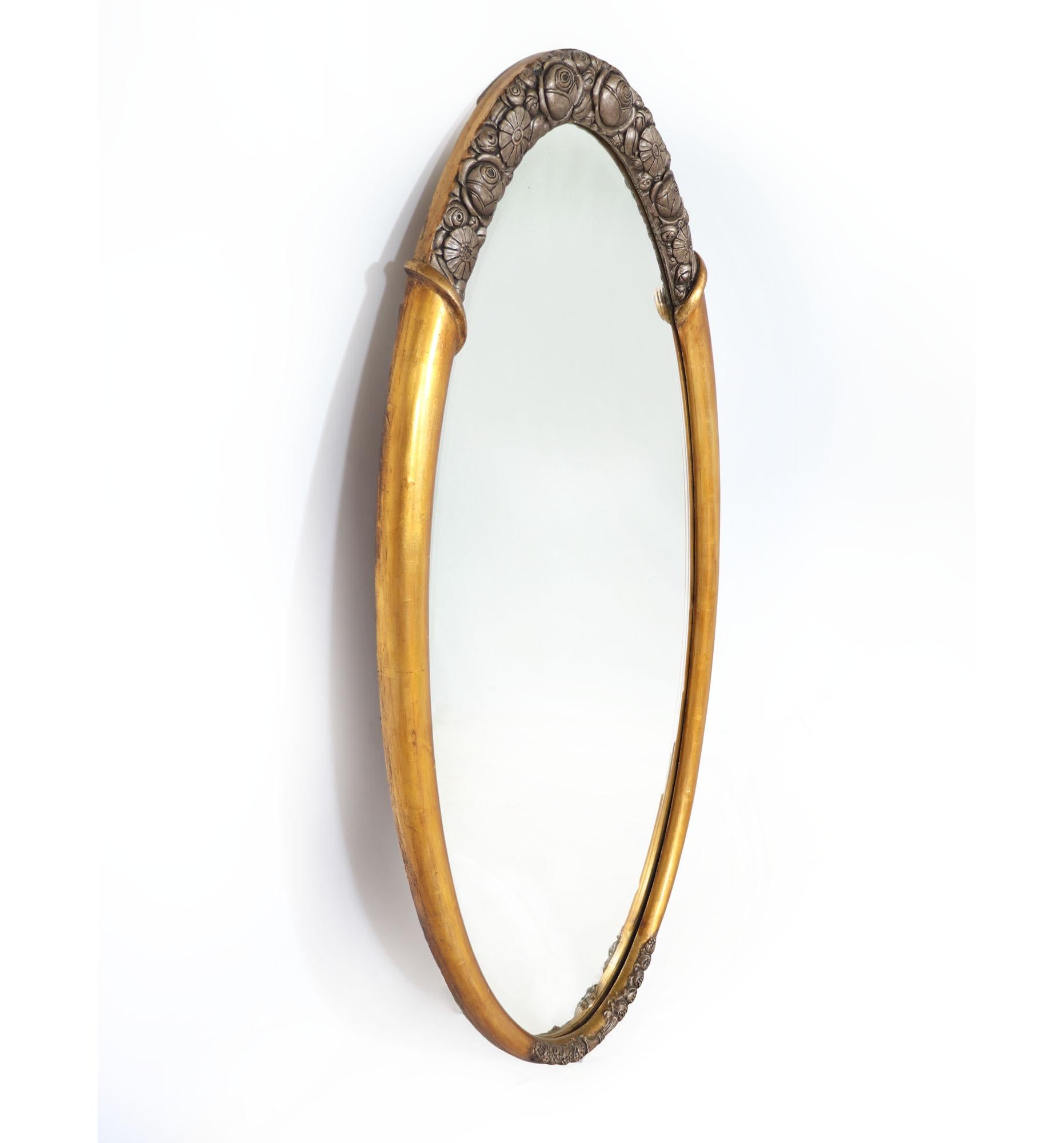 Early 20th Century Art Deco Parcel Gilt Oval Mirror By Sue et Mare 1925 For Sale