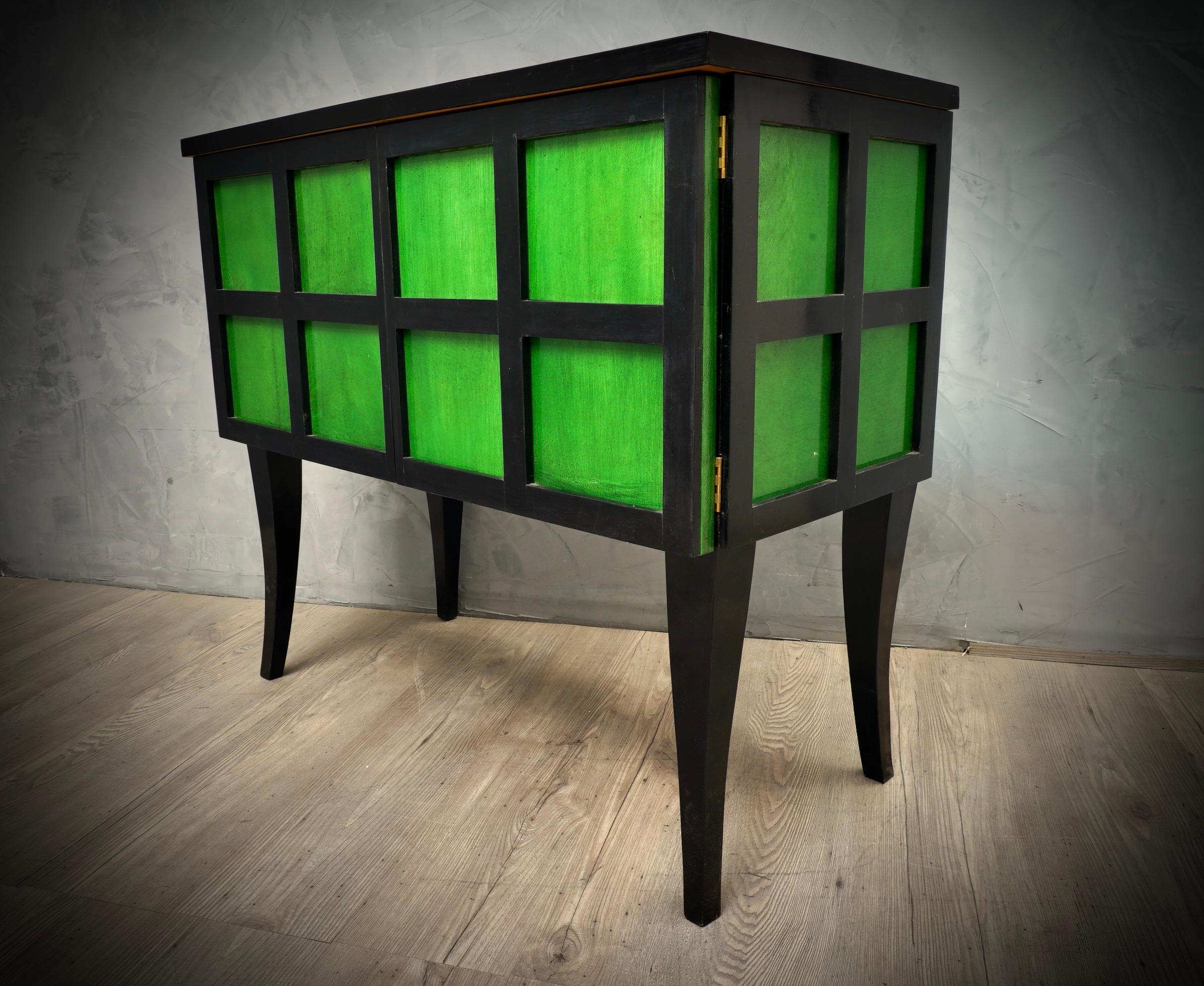 Mid-20th Century Art Deco GoatSkin Emerald Green and Black Wood French Sideboard, 1940 For Sale