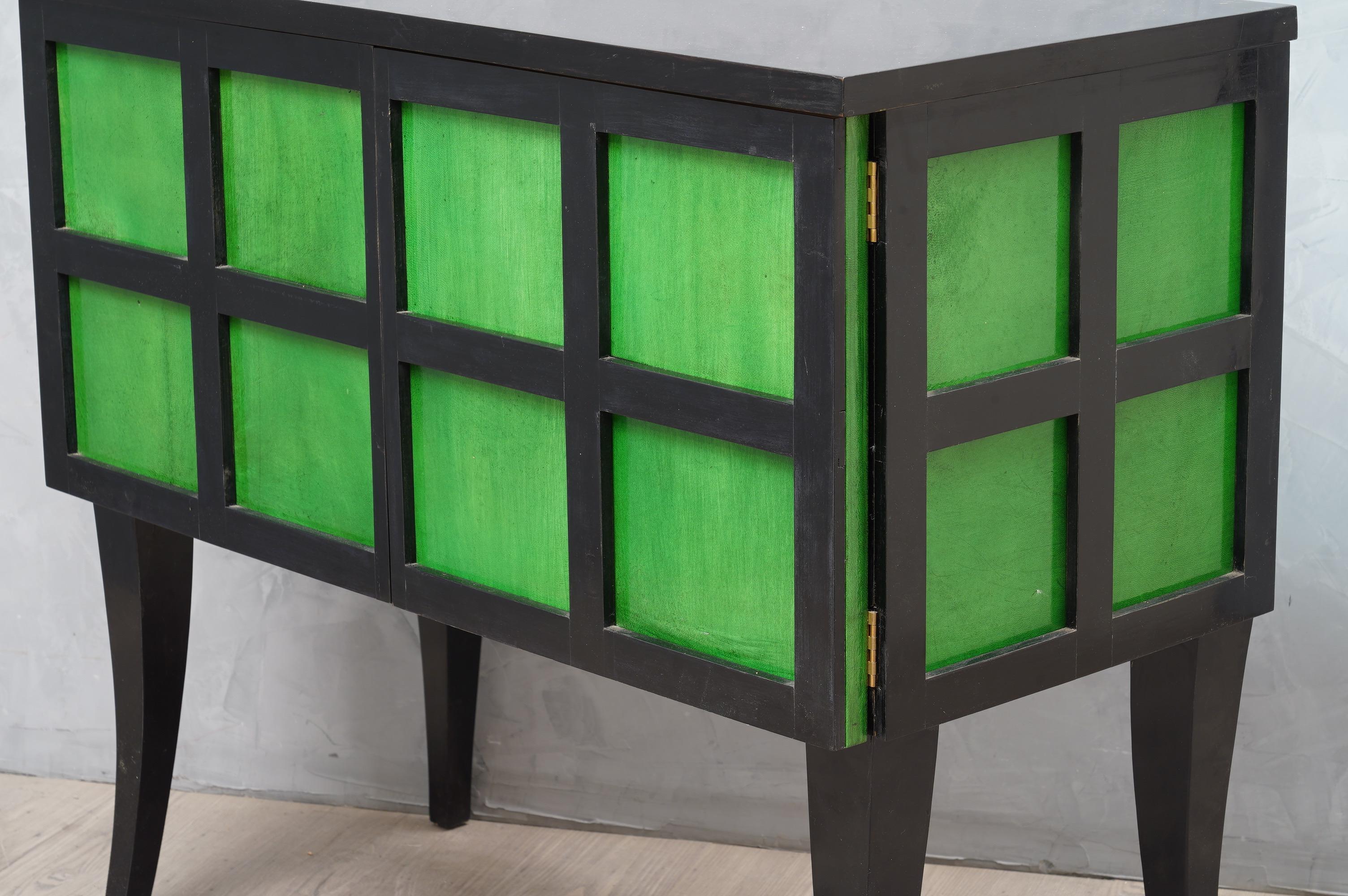 Maple Art Deco GoatSkin Emerald Green and Black Wood French Sideboard, 1940 For Sale