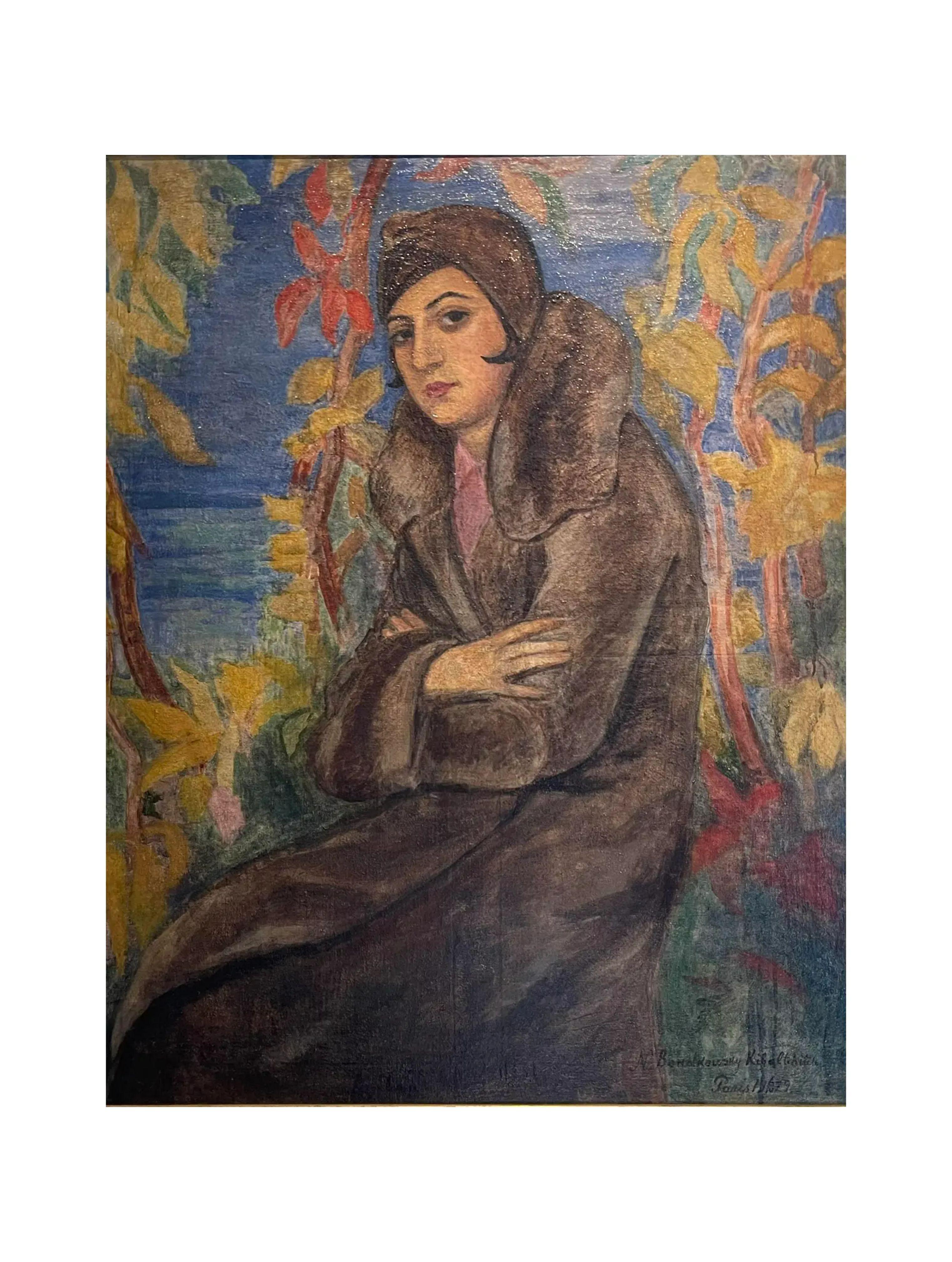 Art Deco Paris Portrait Oil Painting of a Flapper in a Fur Coat, 1920s In Good Condition In LOS ANGELES, CA