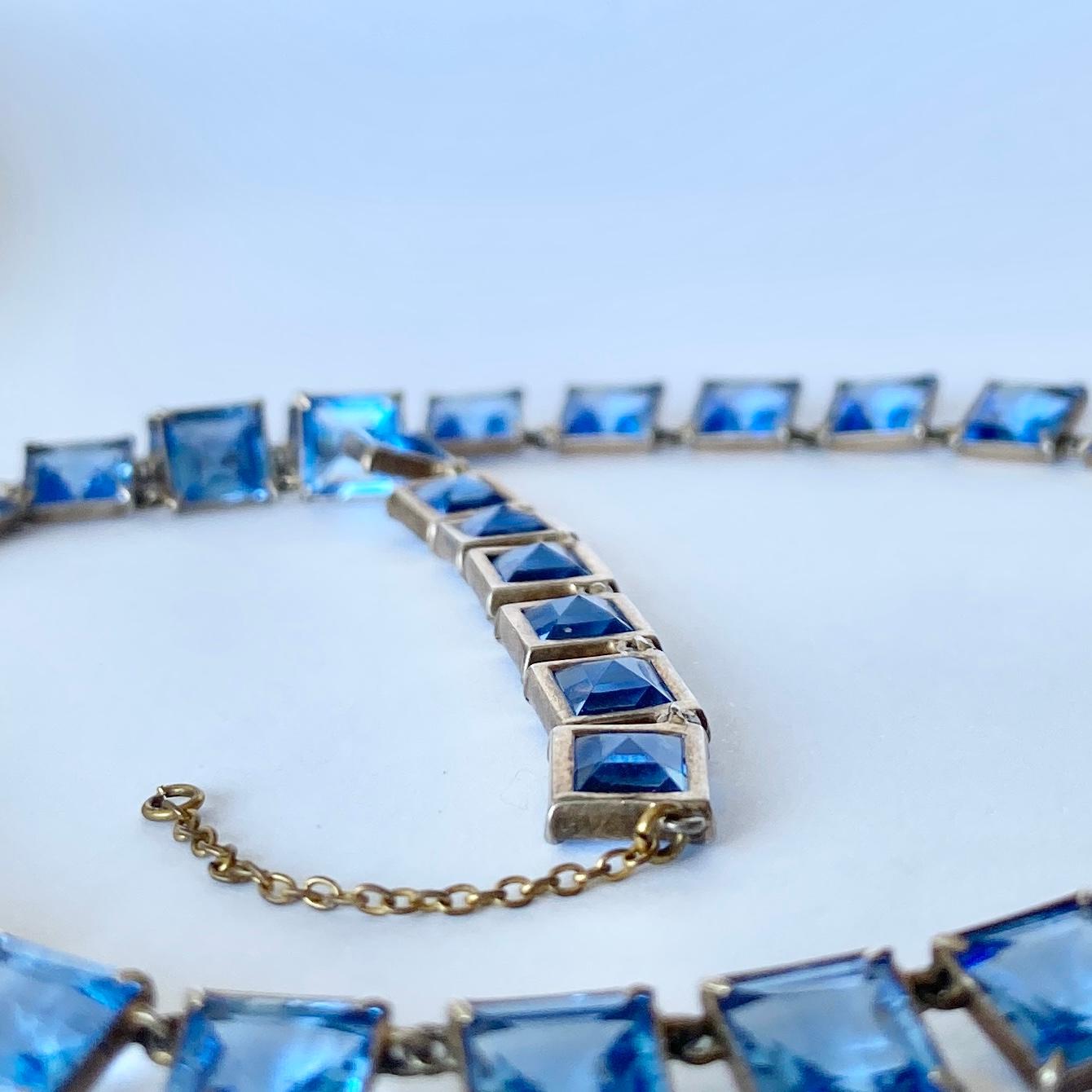 The paste are a gorgeous bright cornflower blue colour which sit beautifully within the simple settings. 

Length: 44cm
Stone Dimensions: 7x7mm

Weight: 20g