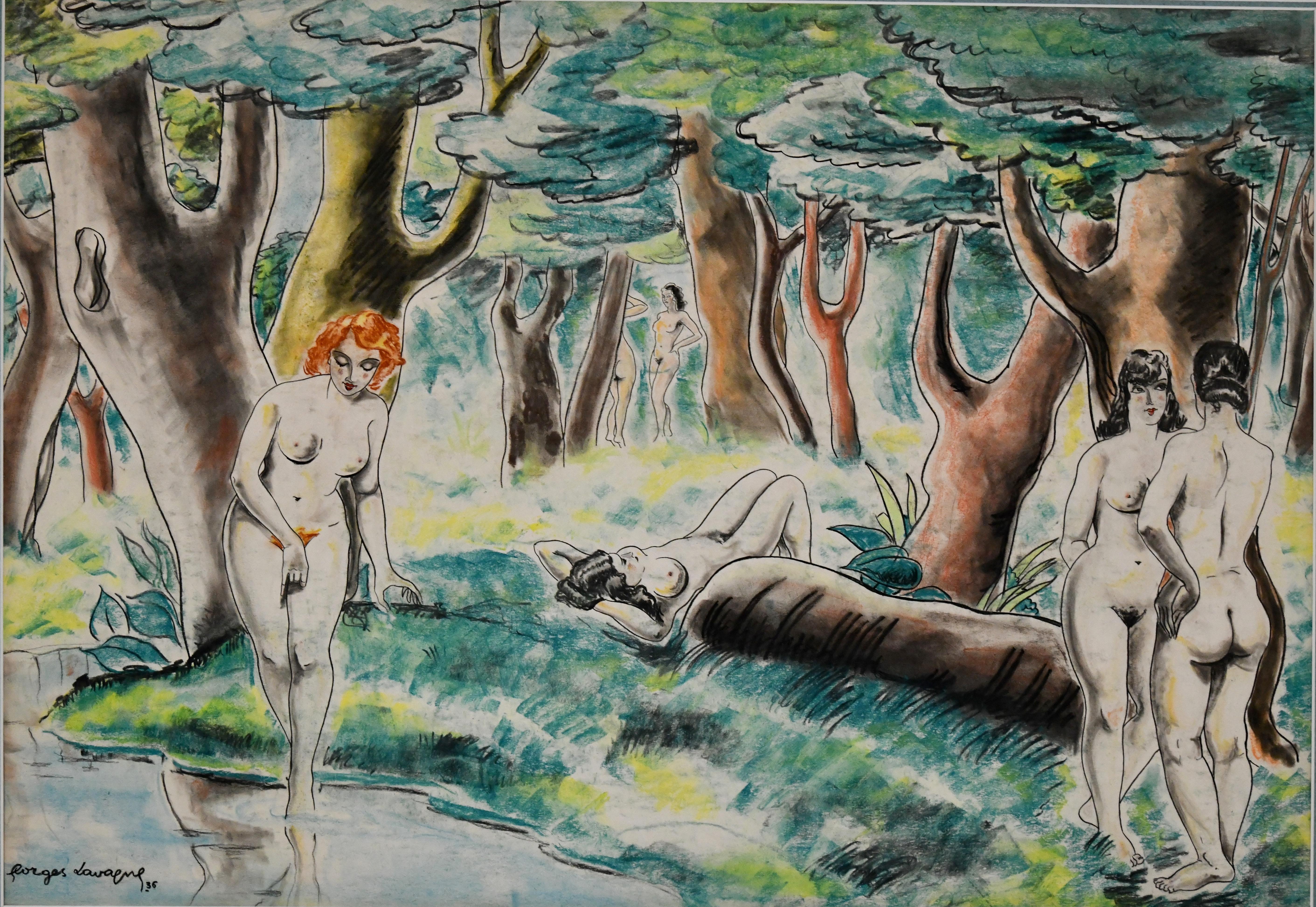 Art Deco pastel painting nudes in a landscape by Georges Lavergne. 
Signed and dated 1936. Ink, crayon and pastel on paper.
France. 
Contemporary frame. 
Size:
H. 68 cm. x L. 89.5  cm. x 2 cm. 
H. 26.8 inch x L. 35.2 inch x W. 0.8 inch. 
Size of the