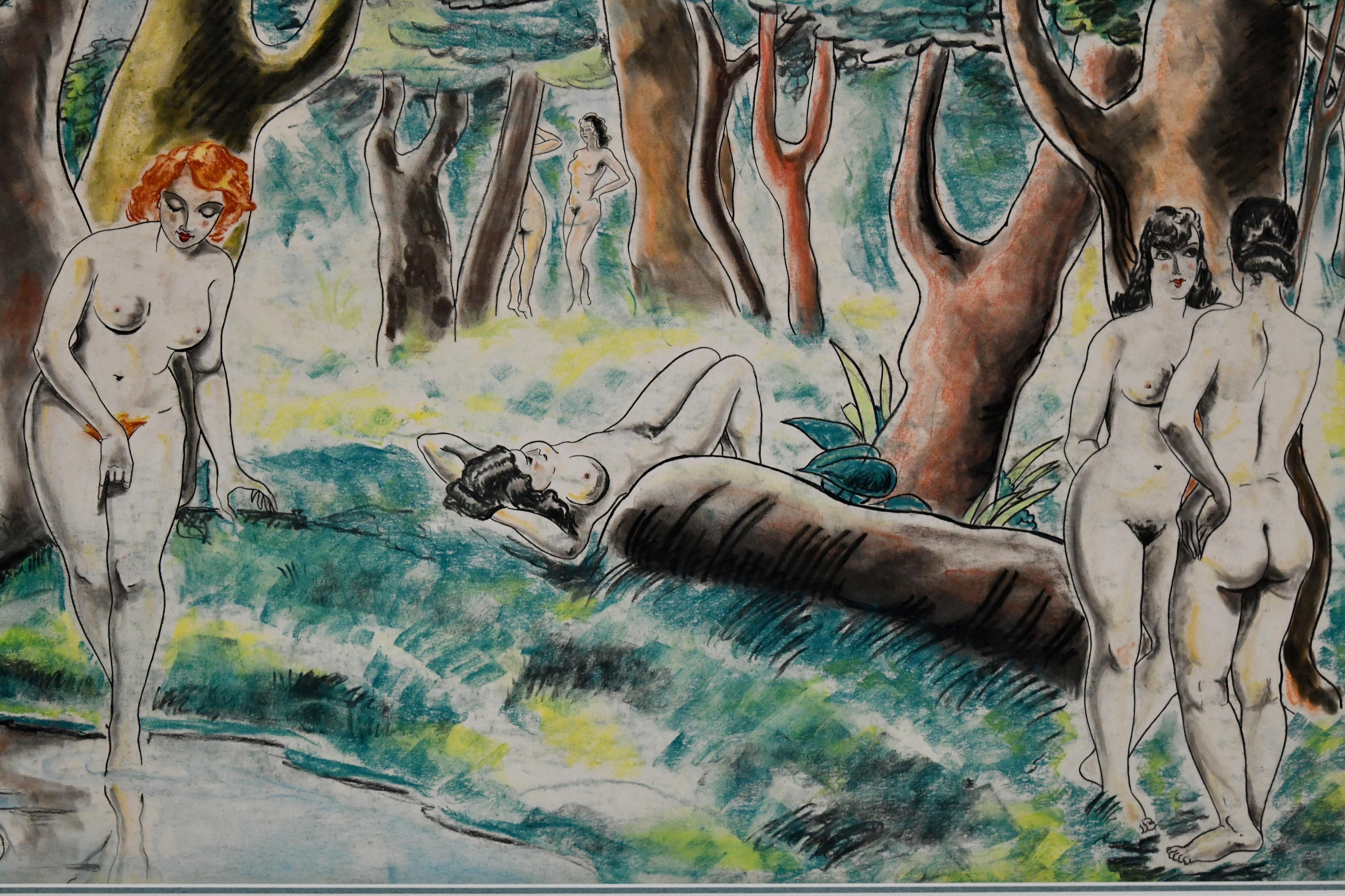 Pastellgemälde „Akte in einer Landschaft“ im Art déco-Stil von Georges Lavergne, Frankreich 1936 (Französisch) im Angebot