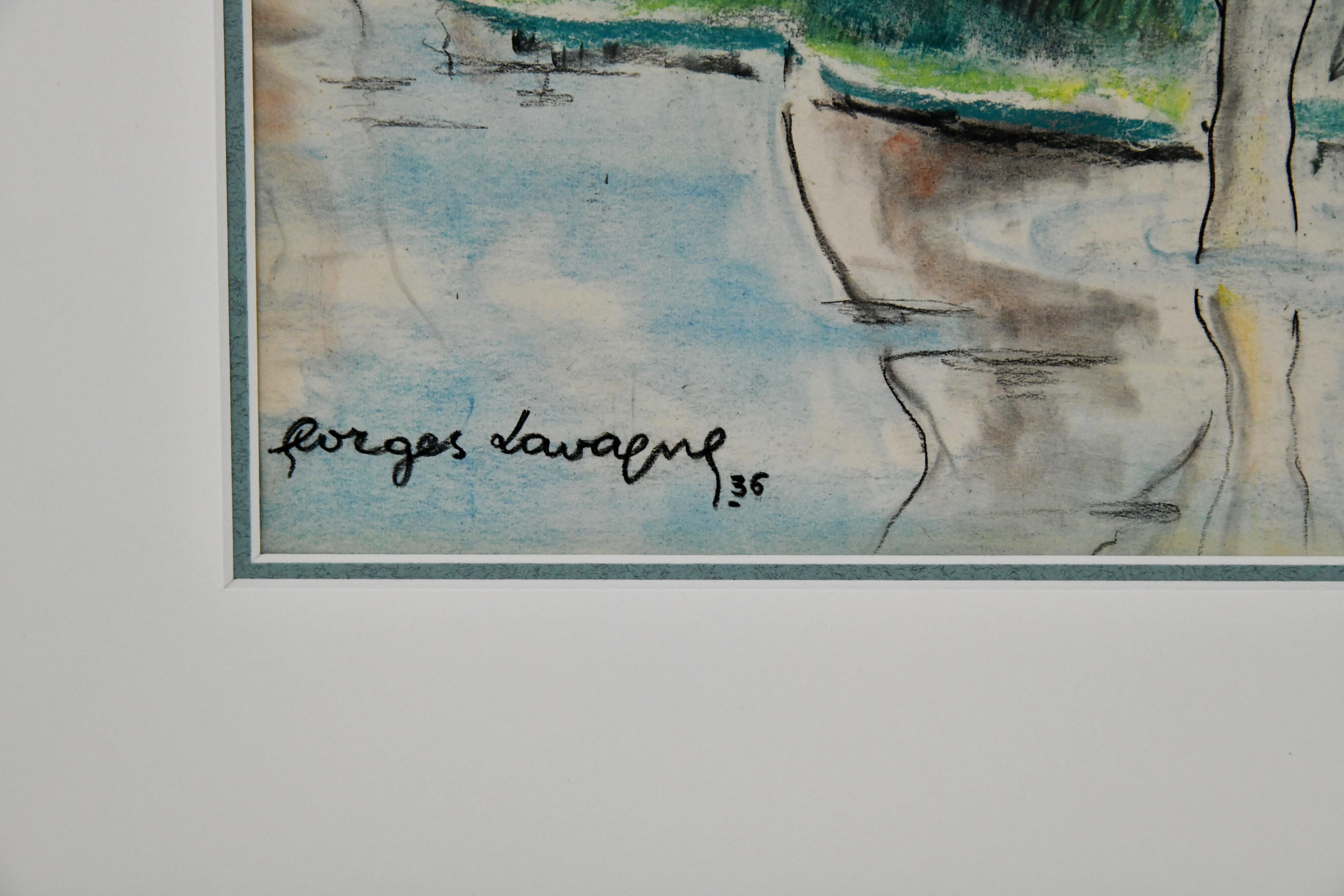 Pastellgemälde „Akte in einer Landschaft“ im Art déco-Stil von Georges Lavergne, Frankreich 1936 im Zustand „Gut“ im Angebot in Antwerp, BE