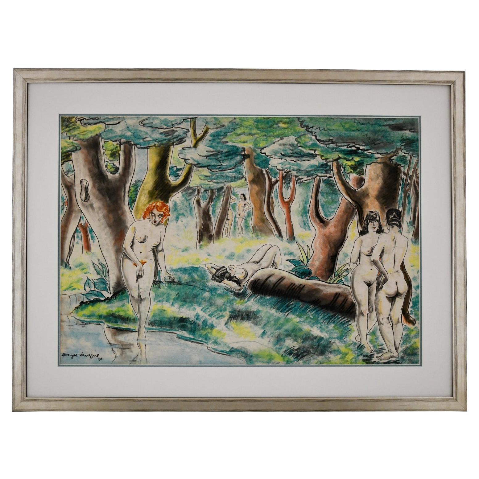 Pastellgemälde „Akte in einer Landschaft“ im Art déco-Stil von Georges Lavergne, Frankreich 1936 im Angebot