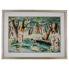 Vintage Art Deco pastel painting nudes in a landscape by Georges Lavergne France 1936