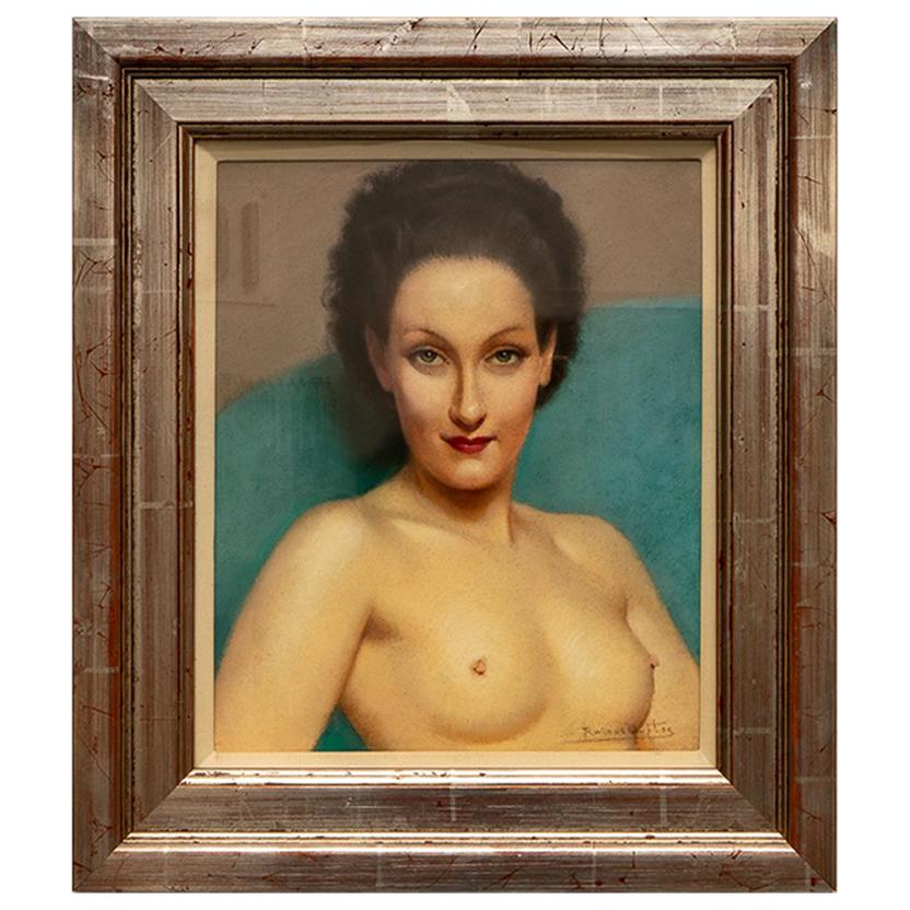 Art Deco Pastel Portrait Female Nude by Robert Louis Raymond Duflos For Sale