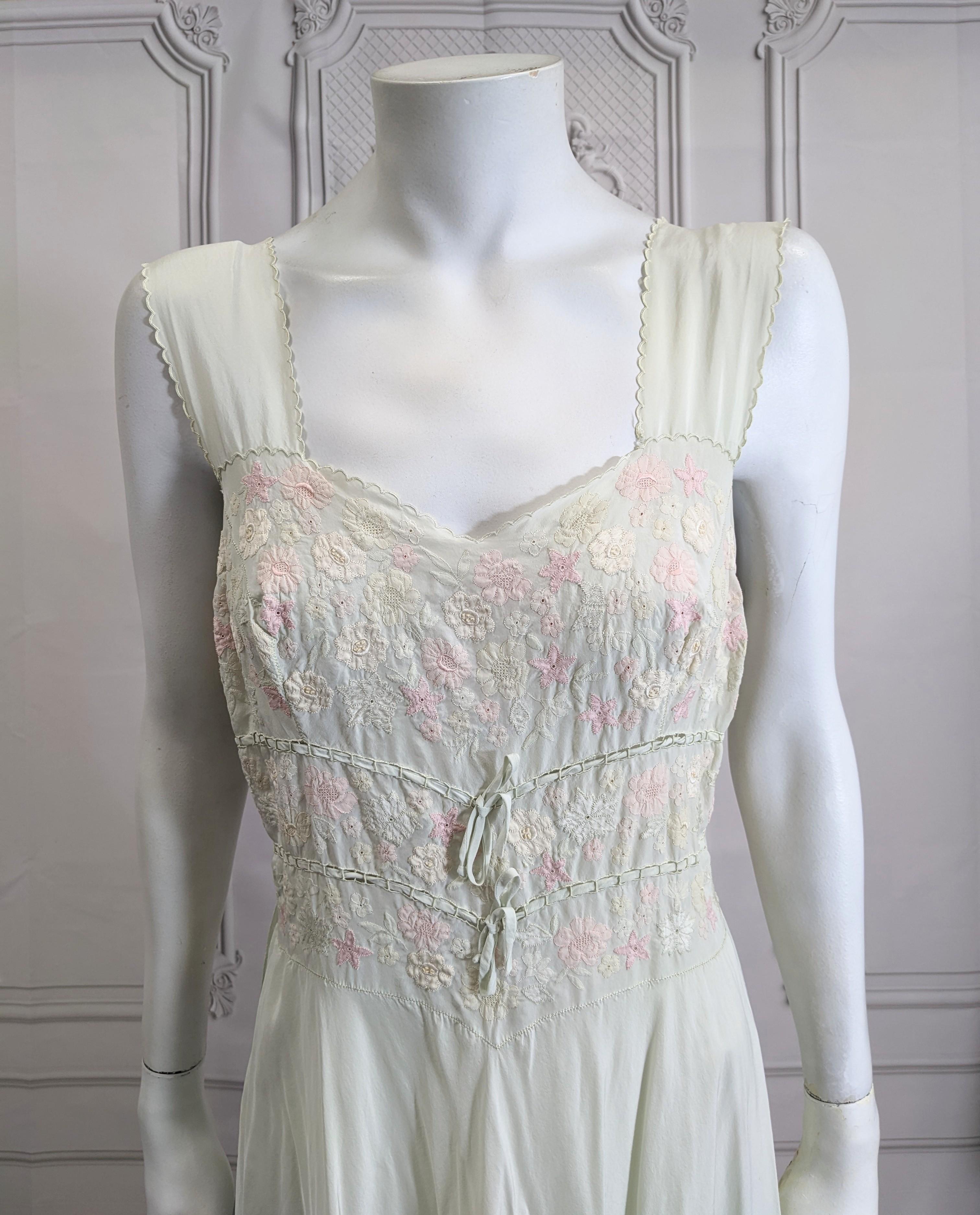 Gray Art Deco Pastel Silk Crepe Floral Invisibly Embroidered Slip Gown 