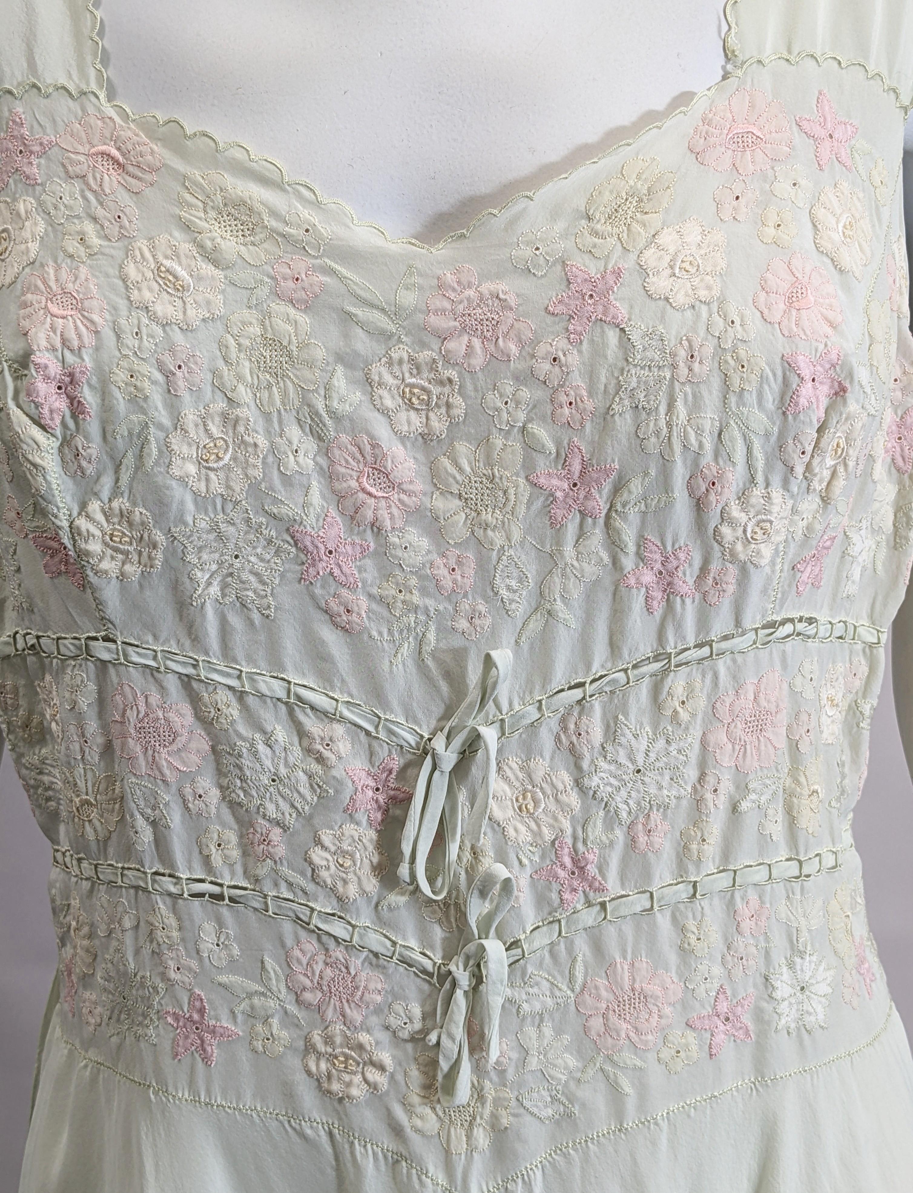 Art Deco Pastel Silk Crepe Floral Invisibly Embroidered Slip Gown  In Good Condition In New York, NY