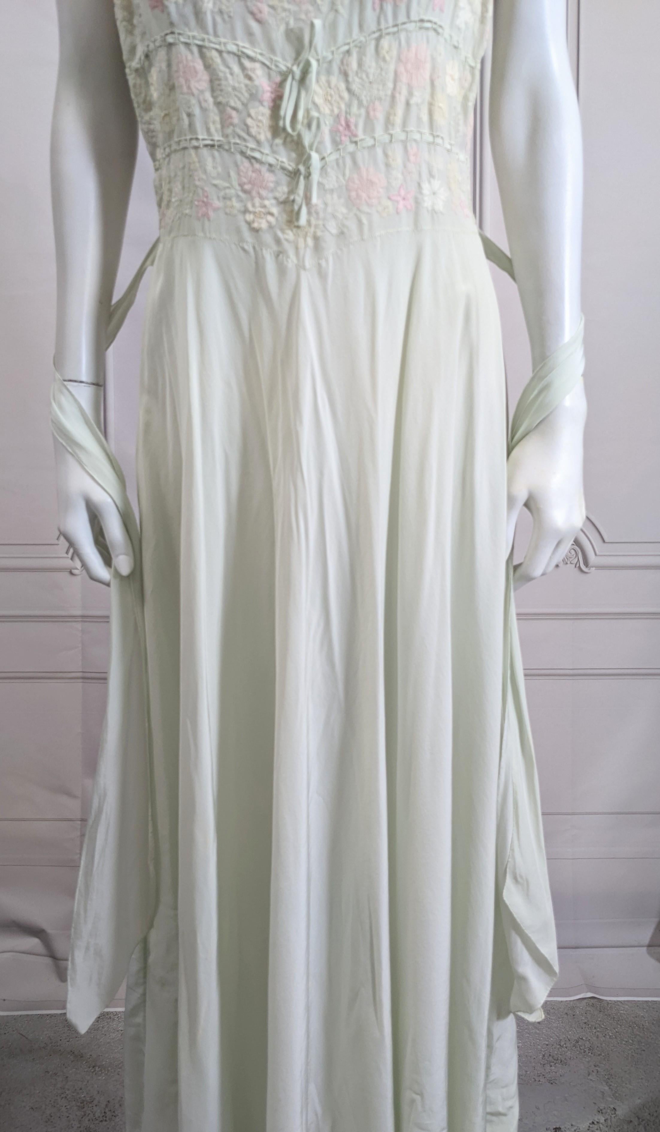 Women's Art Deco Pastel Silk Crepe Floral Invisibly Embroidered Slip Gown 