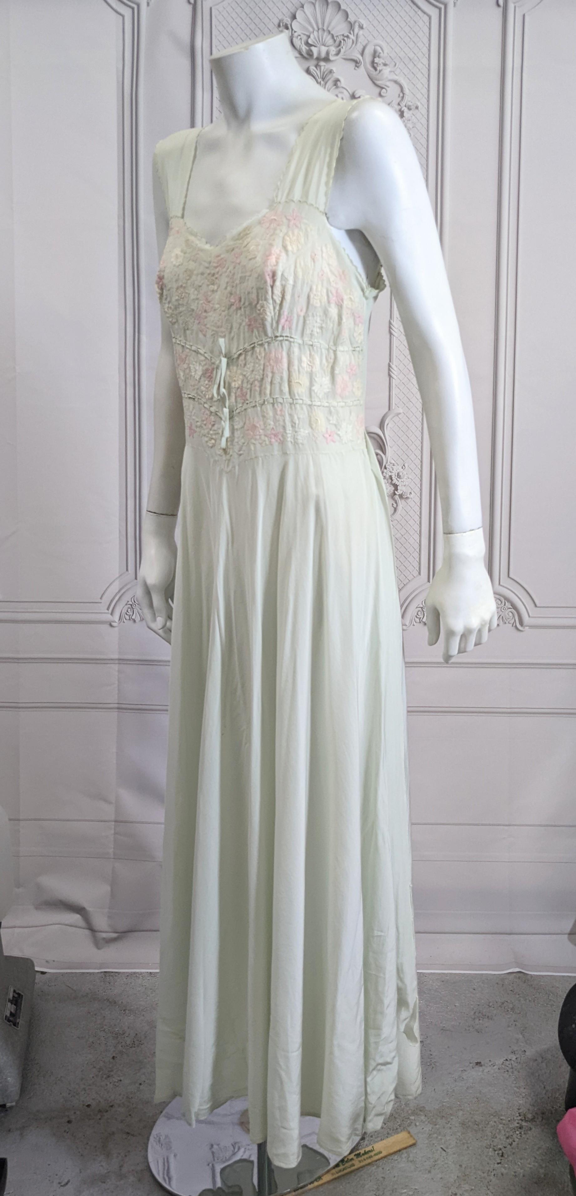 Art Deco Pastel Silk Crepe Floral Invisibly Embroidered Slip Gown  1