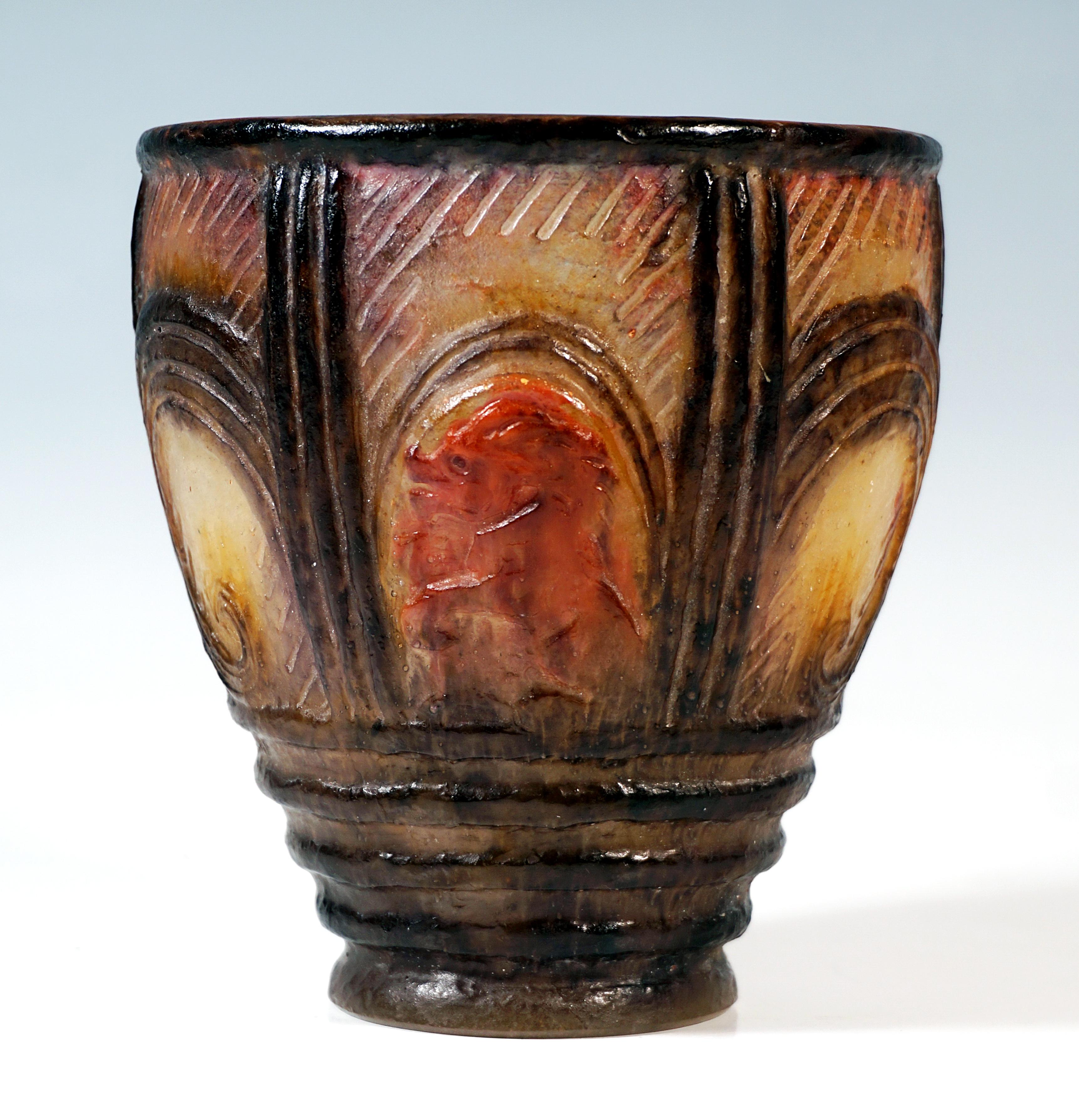 French Art Deco Pâte de Verre Beaker 'Lion Et Chouette', Gabriel Argy-Rousseau, Paris For Sale