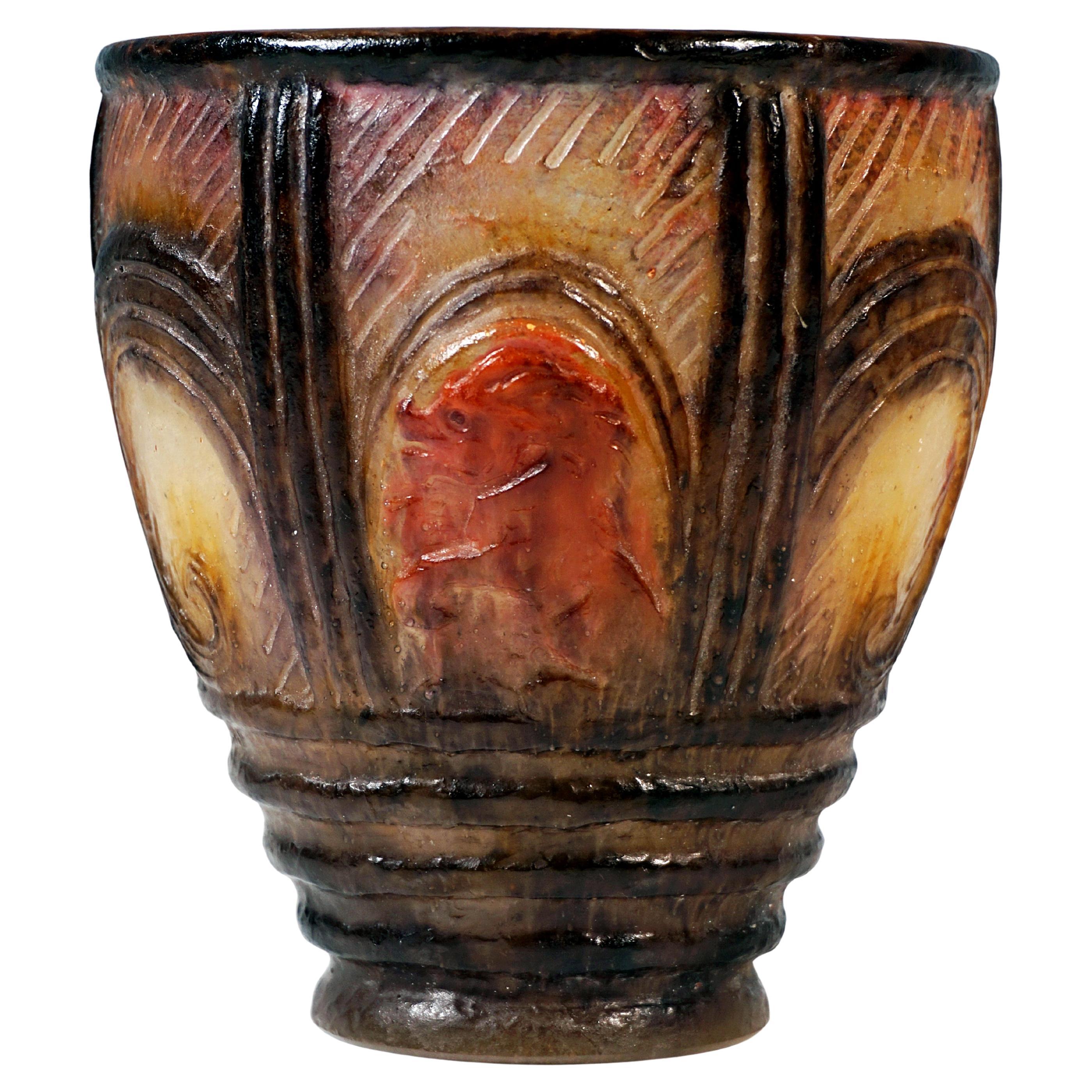 Art Deco Pâte de Verre Beaker 'Lion Et Chouette', Gabriel Argy-Rousseau, Paris For Sale