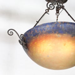 Art Deco Pâte de Verre Blue & Smoked Honey Glass Chandelier w/ Leaf Form Fitting