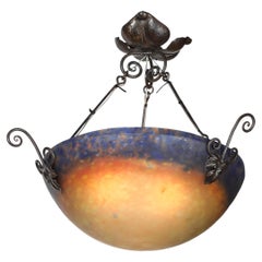 Art Deco Pâte de Verre Blue & Smoked Honey Glass Chandelier w/ Leaf Form Fitting