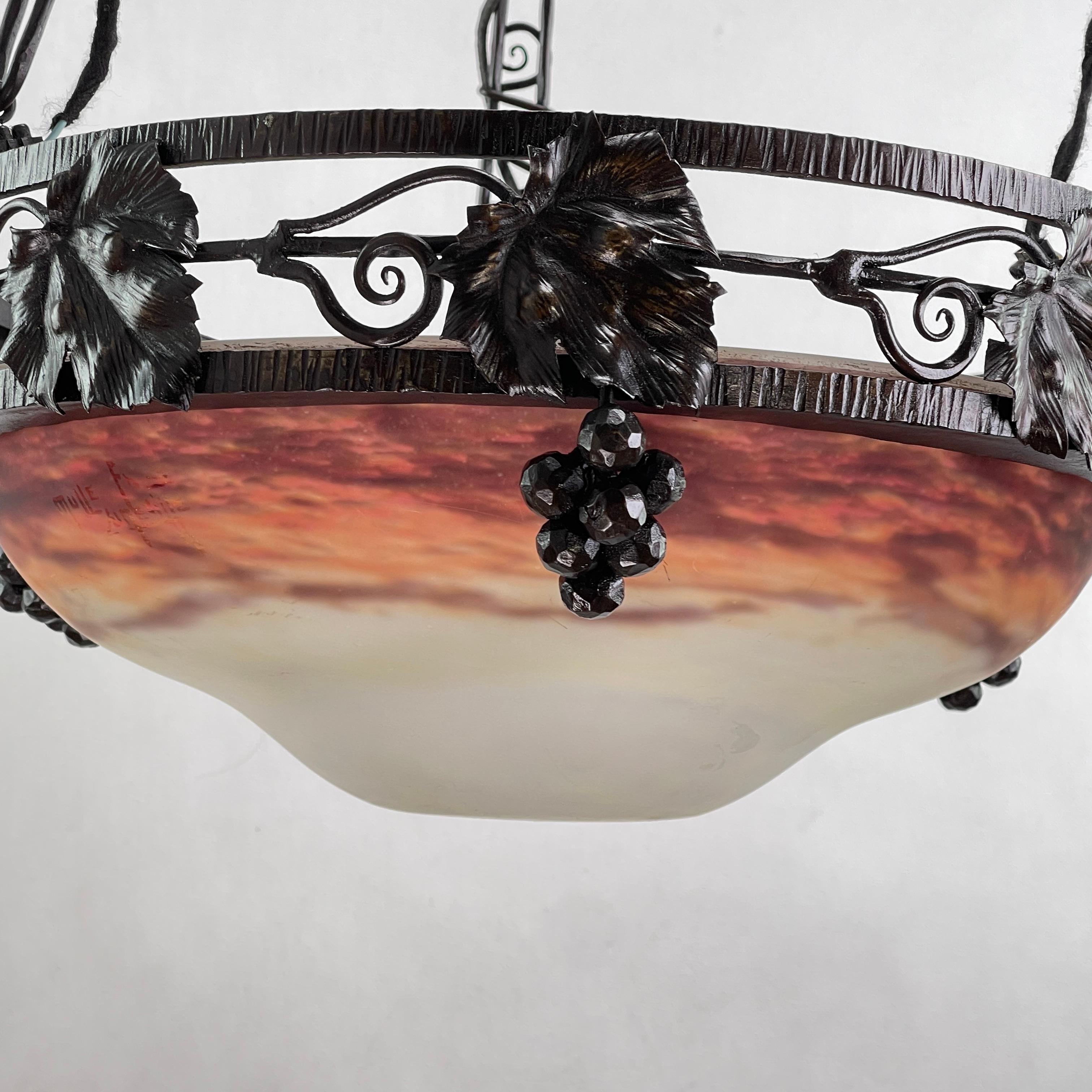 Glass Art Deco Pate De Verre Ceiling Lamp by Muller Freres, Luneville, 1930s For Sale