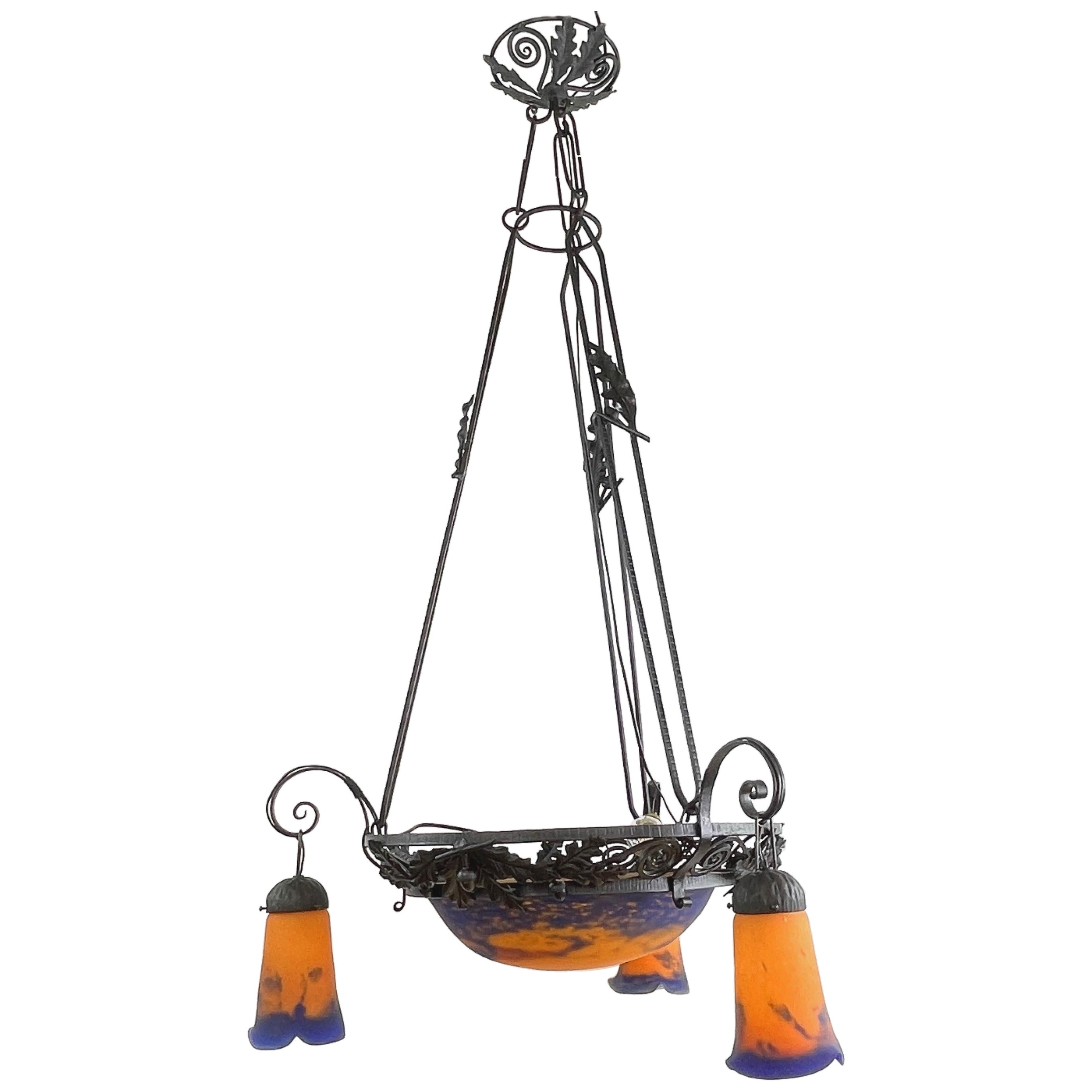 Art Deco Pate De Verre Ceiling Lamp by Noverdy, 1930s