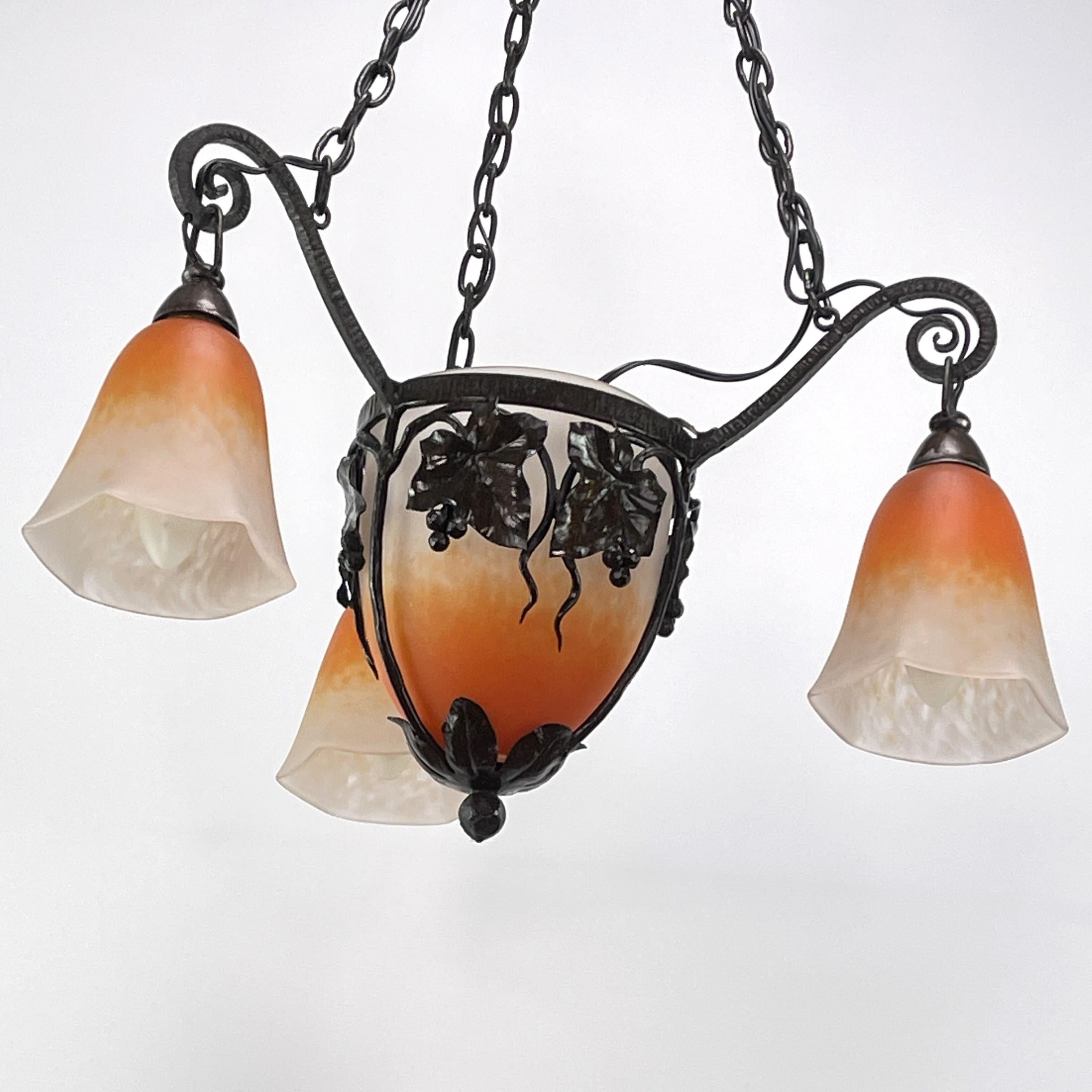 French Art Deco Pate De Verre Ceiling Lamp by Schneider, 1930s For Sale