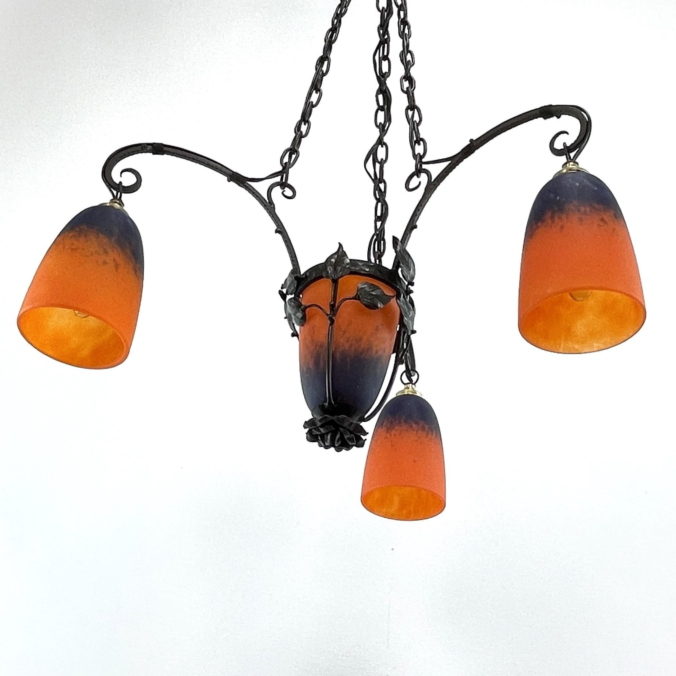 French Art Deco Pate De Verre Ceiling Lamp by Schneider France, 1930s For Sale